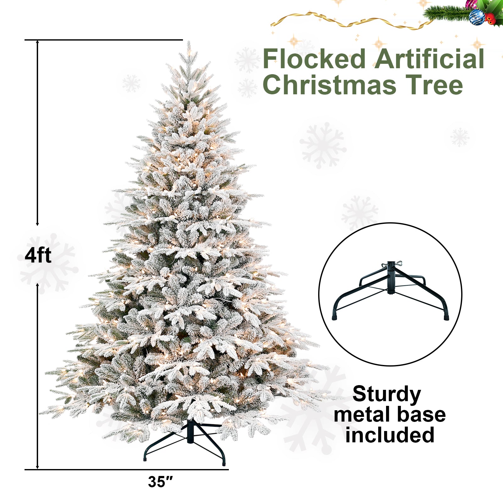 6ft Pre-Lit Flocked Artificial Christmas Tree with 400 Warm White Incandescent Lights, 1931 Tips, Snowy PE+PVC Hinged Pine with Partial Memory Wire Branches, Foldable Metal Stand for Holiday Dec