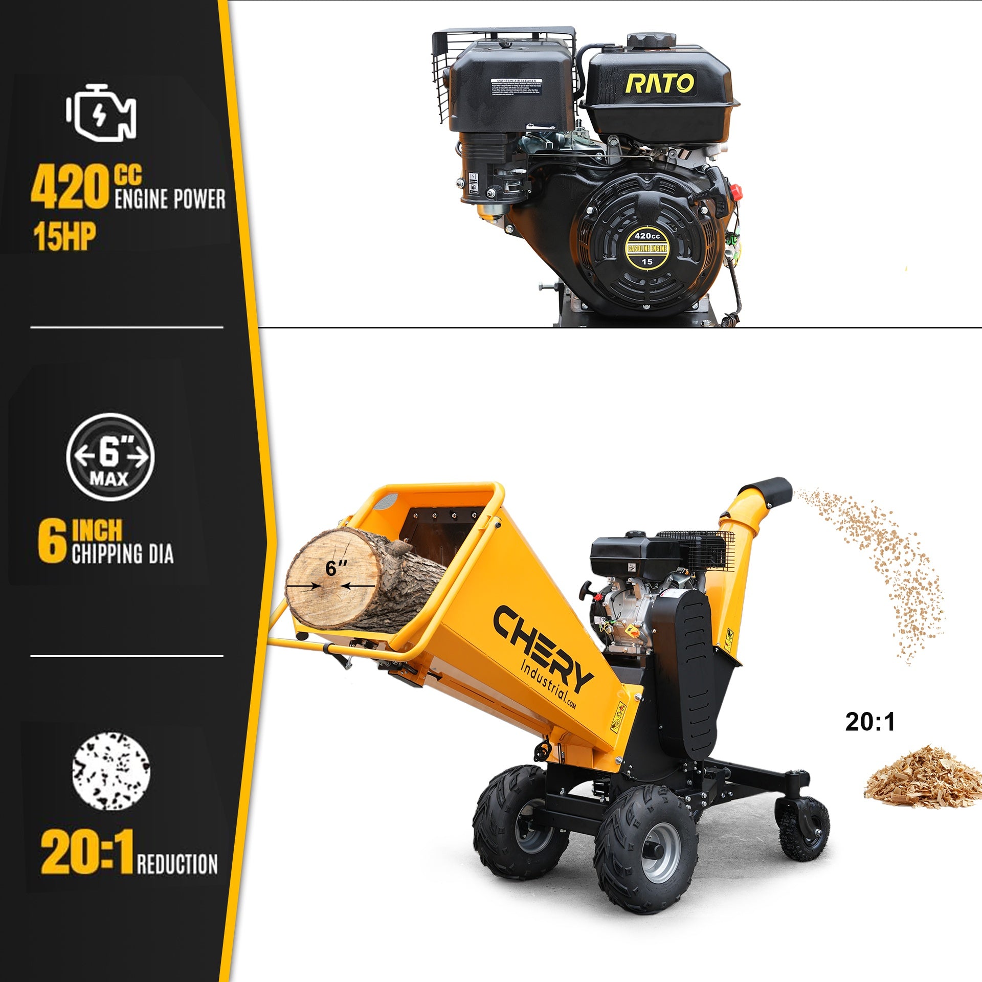 6'' Inch 420cc 15hp Pull Start Gas Powered 4-Wheels Wood Chipper Shredder Mulcher with Towbar/Stop Bar