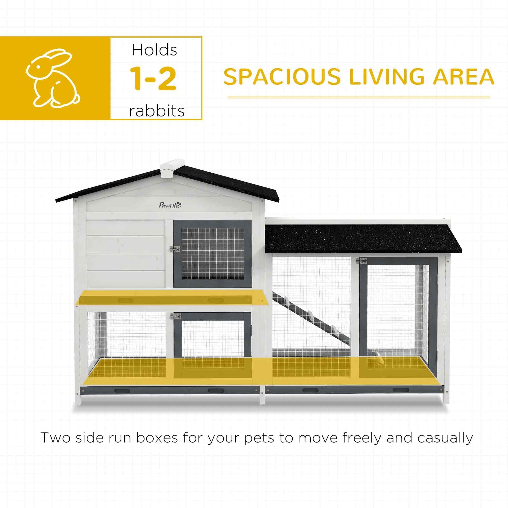 PawHut 62" Rabbit Hutch, Wooden Bunny Hutch, Guinea Pig Cage, Small Animal Enclosure with Run Area, Removable Tray, Asphalt Roof, Lockable Doors and Ramp, White