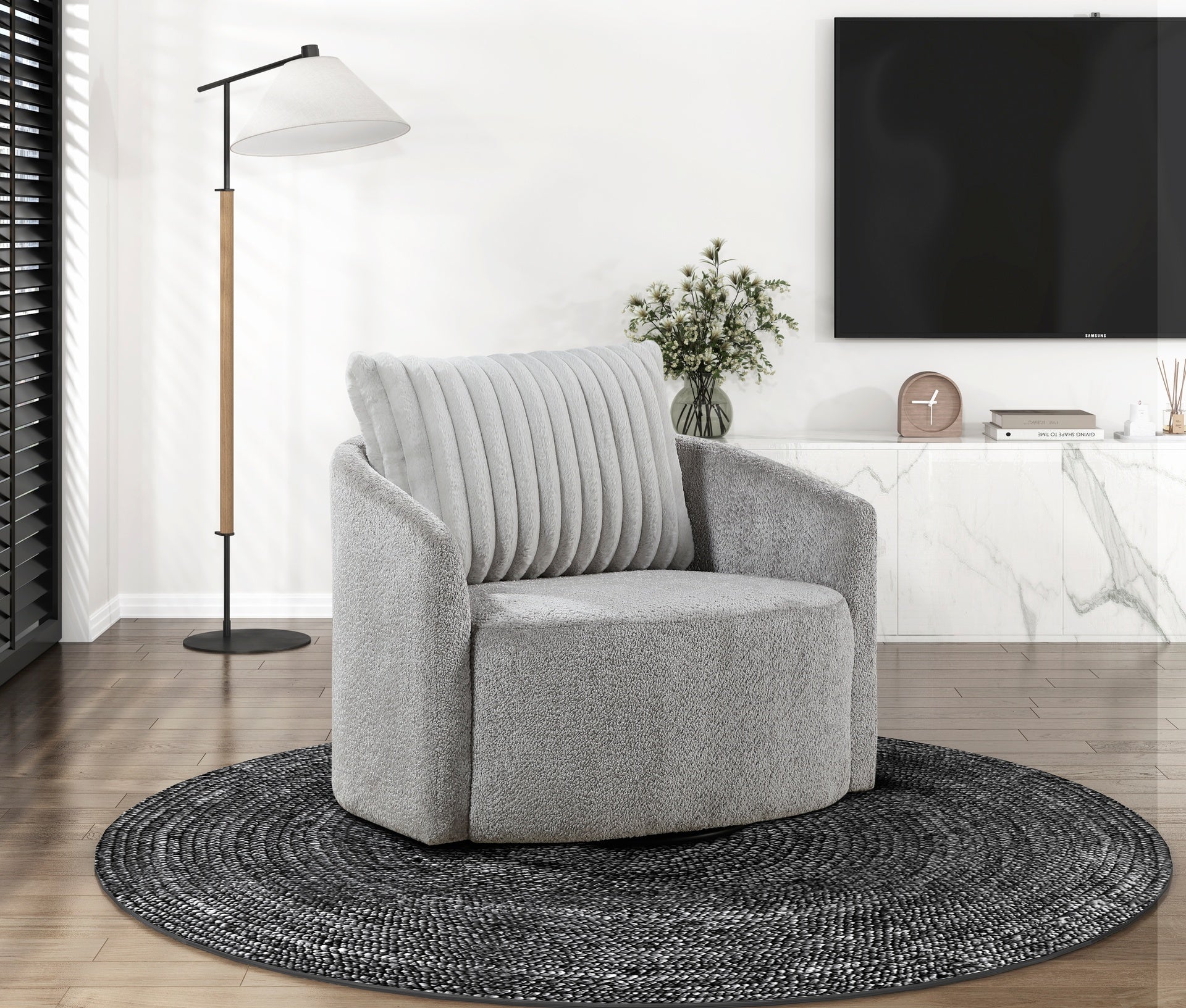 Modern Sleek Design Swivel Chair Cushion Seat Soft Gray Chenille Upholstered Plush Back Pillow Living Room Furniture 1pc