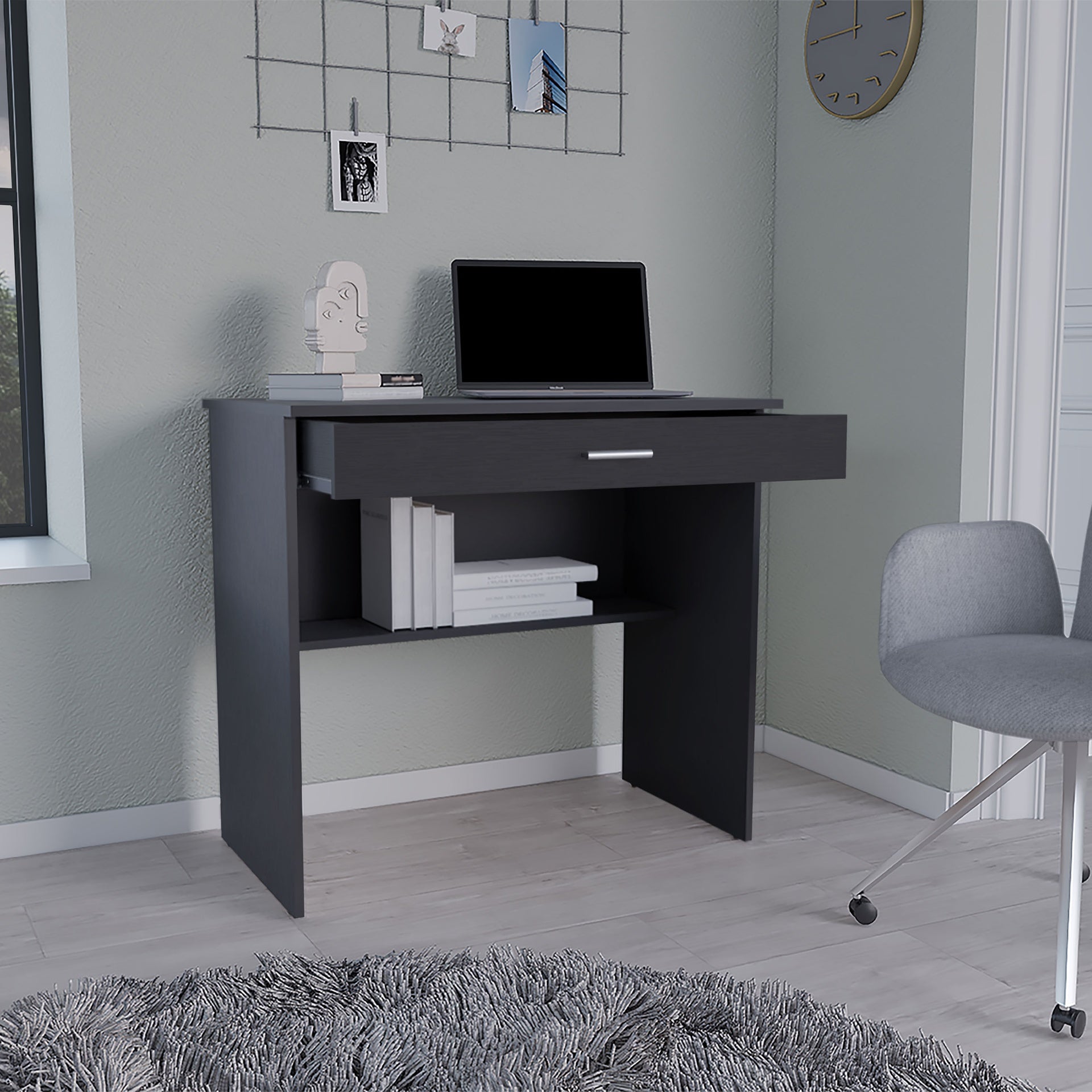 Montana Storage Desk, Spacious Stylish with Drawer and Shelf, Black