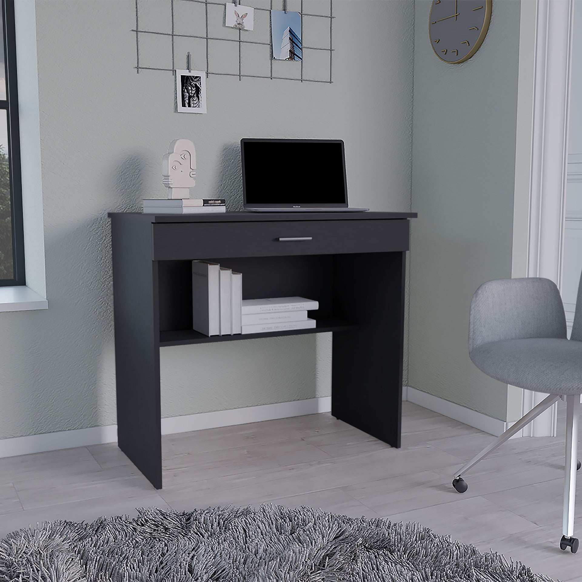 Montana Storage Desk, Spacious Stylish with Drawer and Shelf, Black