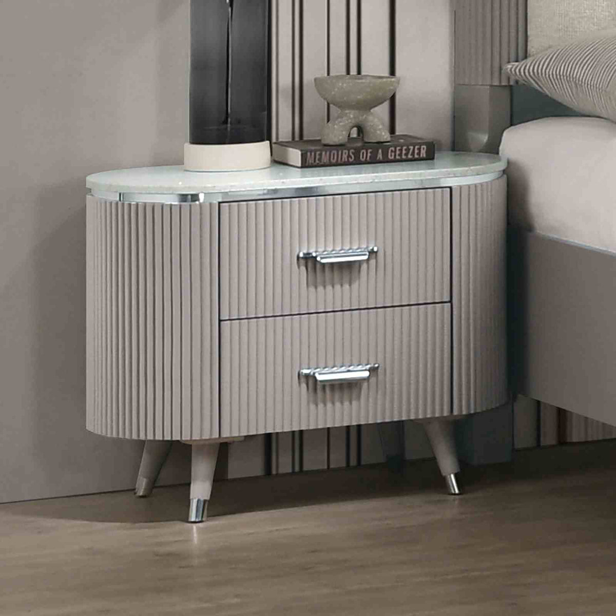 Contemporary Style 1pc Nightstand Stone Top French And English Dovetail Drawers Chrome Pulls Silver line Accent Light Gray Finish Bedroom Furniture