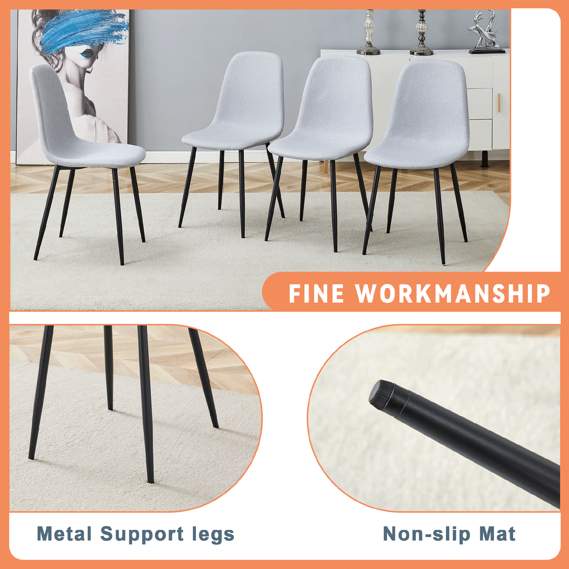 Table and chair set.71*35.4 inch White And Black Spliced Dining Table With Storage Function In The Middle Of The Table Legs.Paired With 6 Light Gray Linen Fabric Chairs.