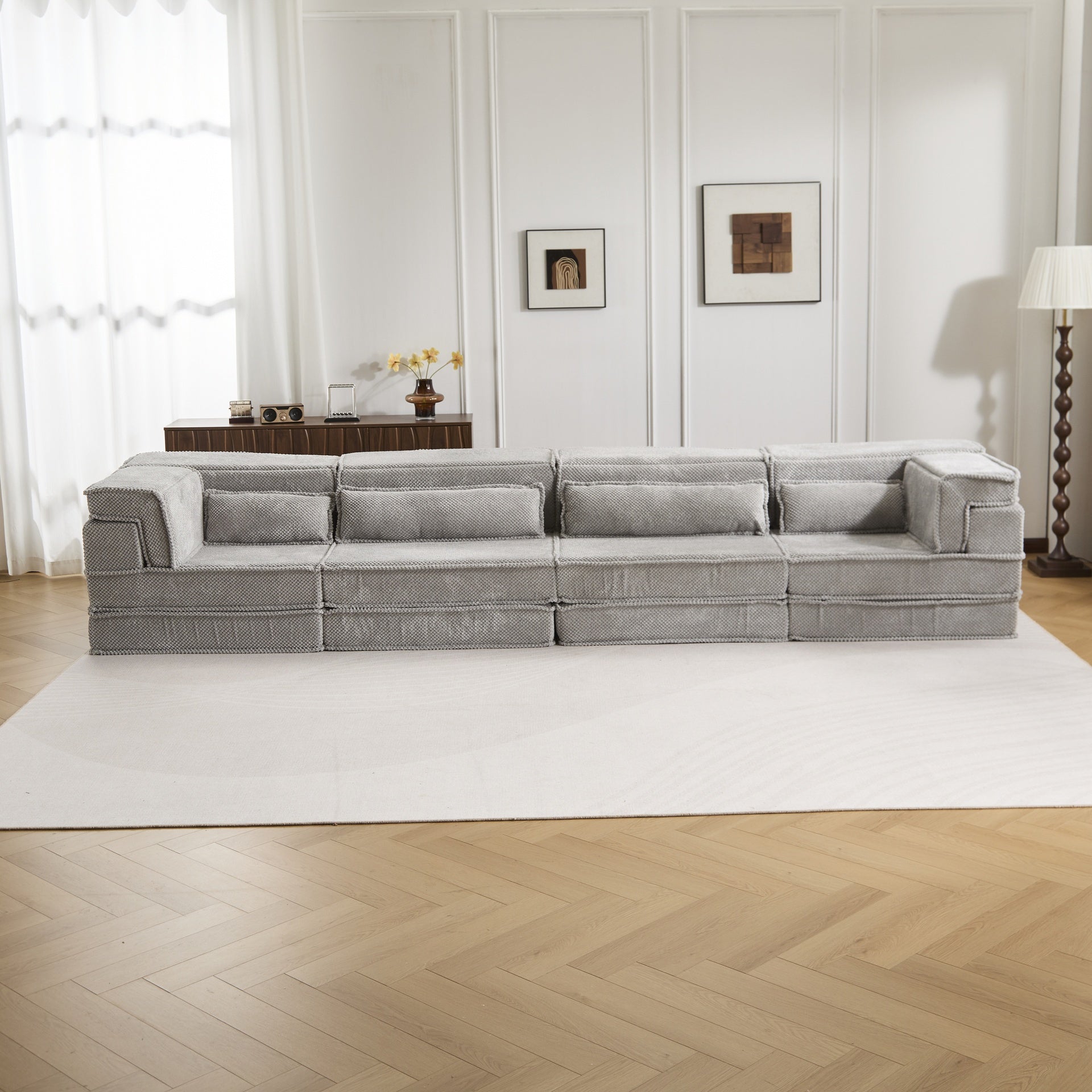 Compression Mahjong Sofa,Convertible Floor Sofa Bed,DIY Boneless Modular Sectional Sofa,No Assembly Required,Circle fleece fabric,Oversized 4 Seater with 4 Pillows,Light-grey