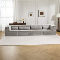 Compression Mahjong Sofa,Convertible Floor Sofa Bed,DIY Boneless Modular Sectional Sofa,No Assembly Required,Circle fleece fabric,Oversized 4 Seater with 4 Pillows,Light-grey