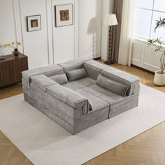 Compression Mahjong Sofa,Convertible Floor Sofa Bed,DIY Boneless Modular Sectional Sofa,No Assembly Required,Circle fleece fabric,Oversized 4 Seater with 4 Pillows,Light-grey