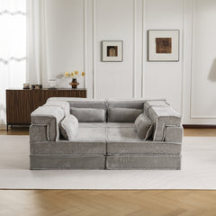 Compression Mahjong Sofa,Convertible Floor Sofa Bed,DIY Boneless Modular Sectional Sofa,No Assembly Required,Circle fleece fabric,Oversized 4 Seater with 4 Pillows,Light-grey