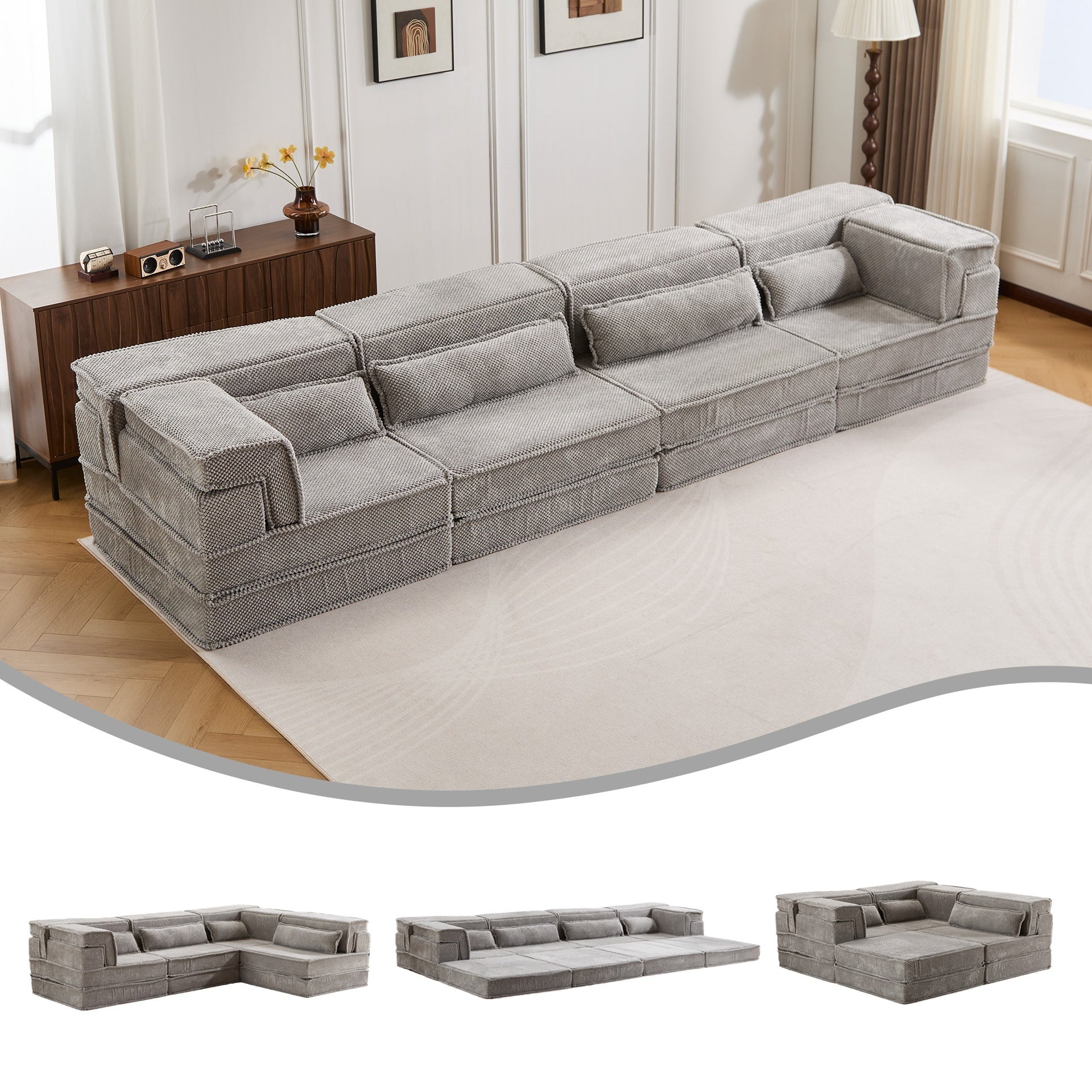 Compression Mahjong Sofa,Convertible Floor Sofa Bed,DIY Boneless Modular Sectional Sofa,No Assembly Required,Circle fleece fabric,Oversized 4 Seater with 4 Pillows,Light-grey