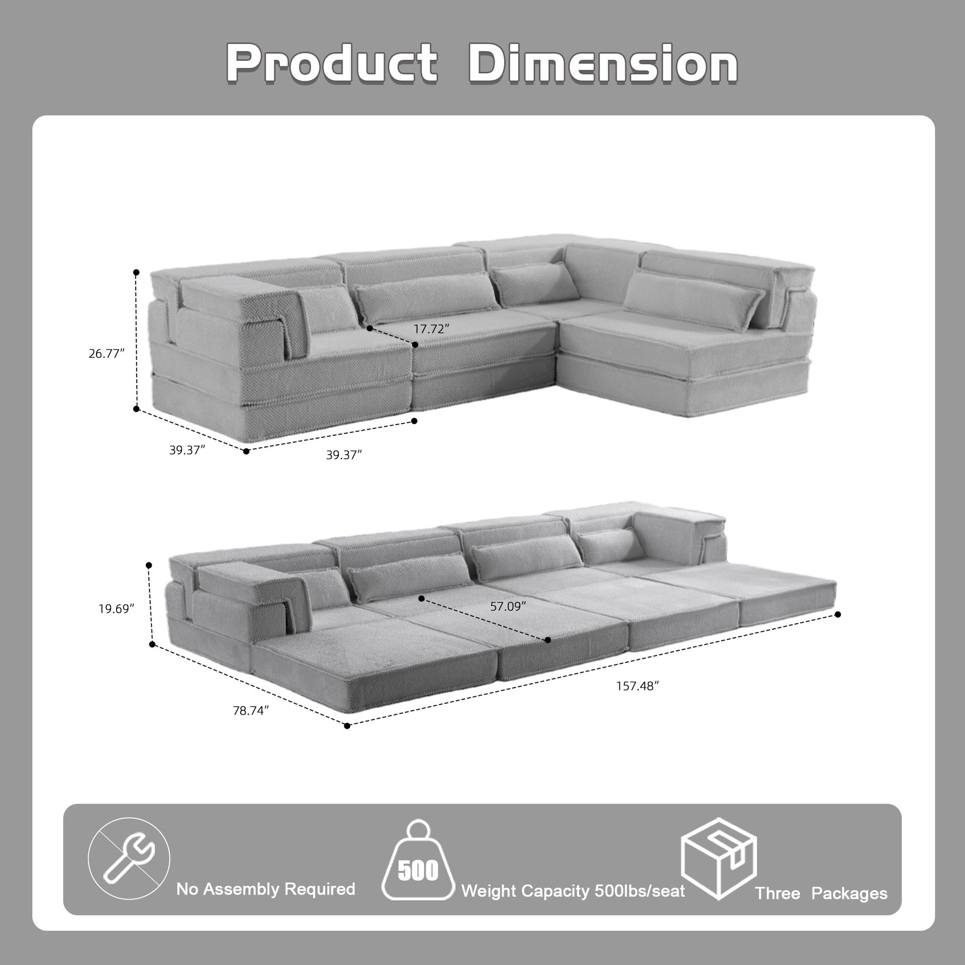Compression Mahjong Sofa,Convertible Floor Sofa Bed,DIY Boneless Modular Sectional Sofa,No Assembly Required,Circle fleece fabric,Oversized 4 Seater with 4 Pillows,Light-grey