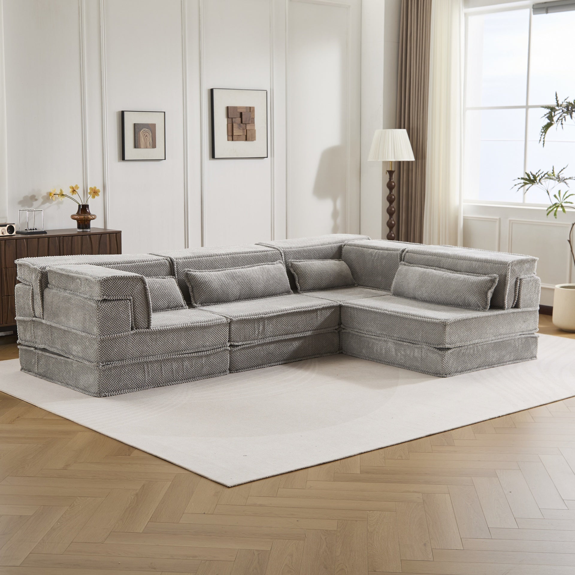 Compression Mahjong Sofa,Convertible Floor Sofa Bed,DIY Boneless Modular Sectional Sofa,No Assembly Required,Circle fleece fabric,Oversized 4 Seater with 4 Pillows,Light-grey