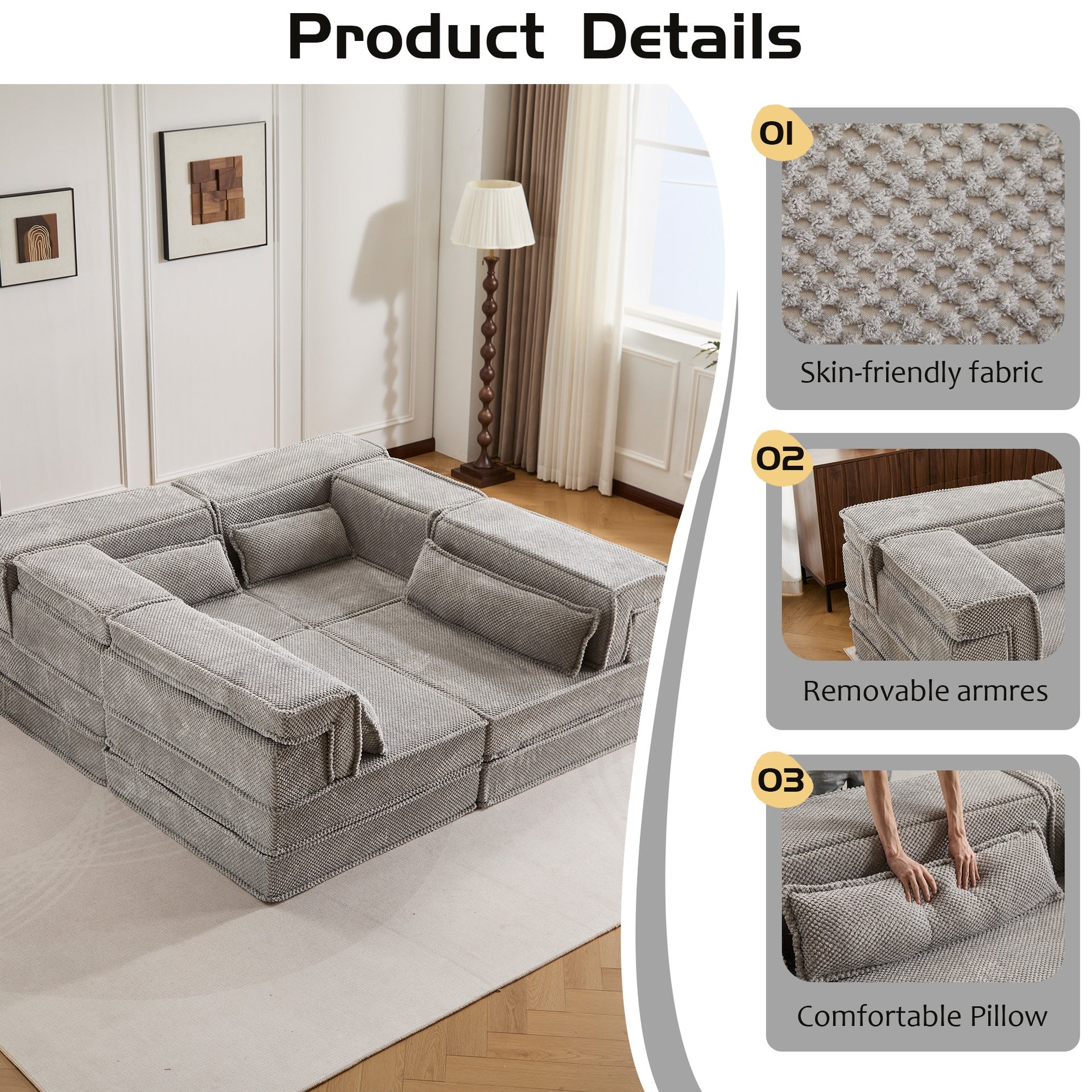 Compression Mahjong Sofa,Convertible Floor Sofa Bed,DIY Boneless Modular Sectional Sofa,No Assembly Required,Circle fleece fabric,Oversized 4 Seater with 4 Pillows,Light-grey