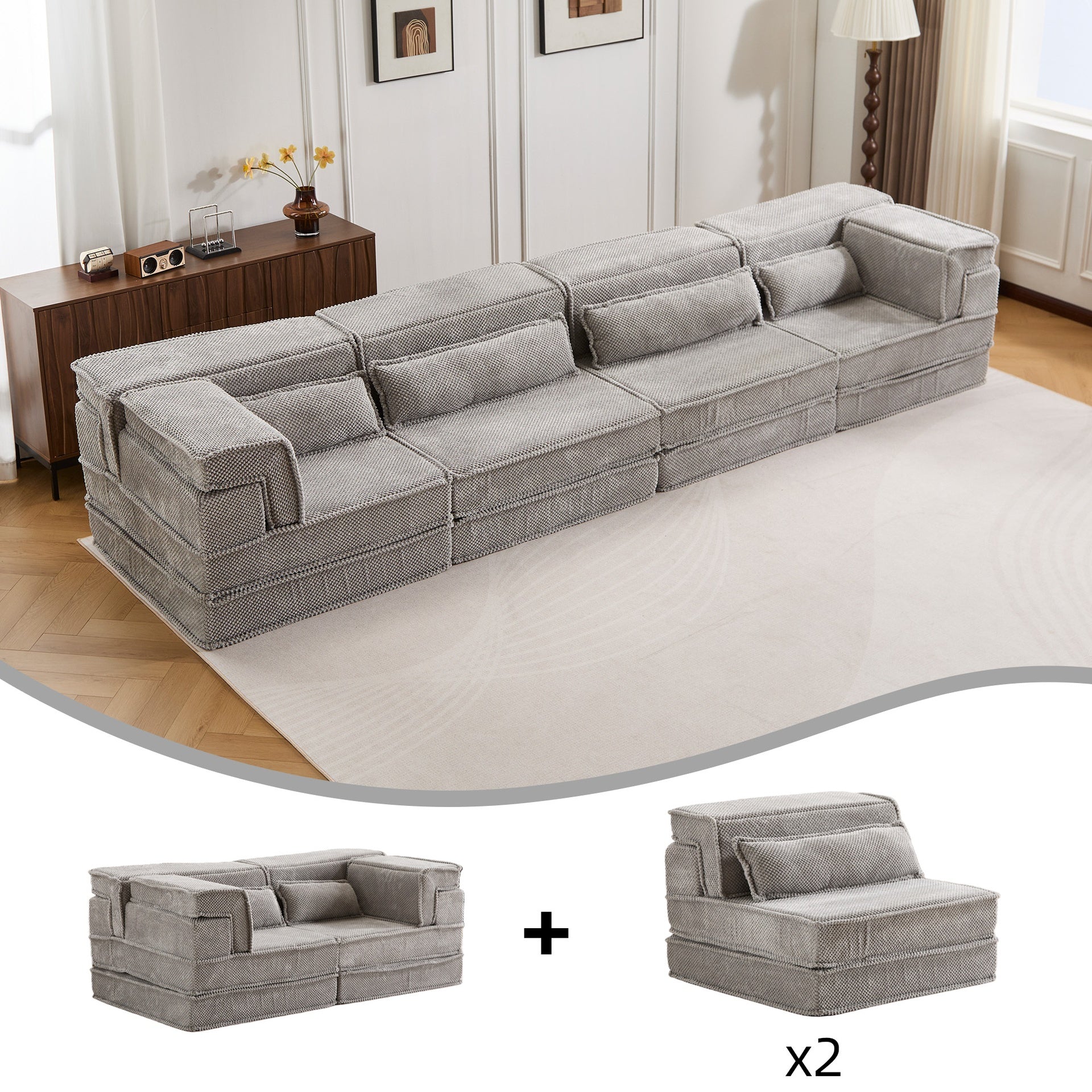 Compression Mahjong Sofa,Convertible Floor Sofa Bed,DIY Boneless Modular Sectional Sofa,No Assembly Required,Circle fleece fabric,Oversized 4 Seater with 4 Pillows,Light-grey