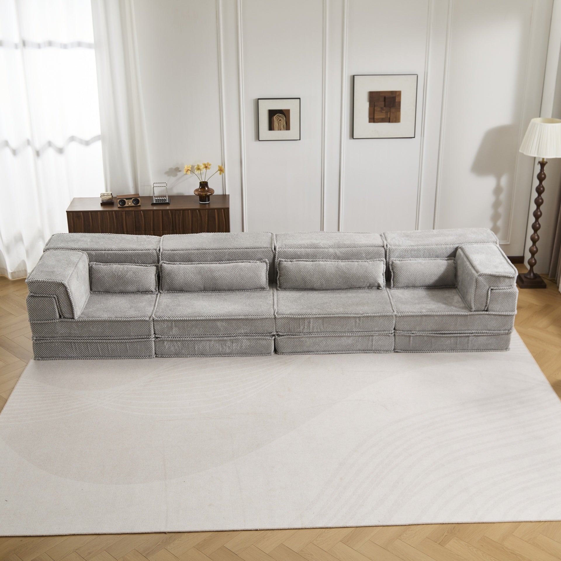 Compression Mahjong Sofa,Convertible Floor Sofa Bed,DIY Boneless Modular Sectional Sofa,No Assembly Required,Circle fleece fabric,Oversized 4 Seater with 4 Pillows,Light-grey