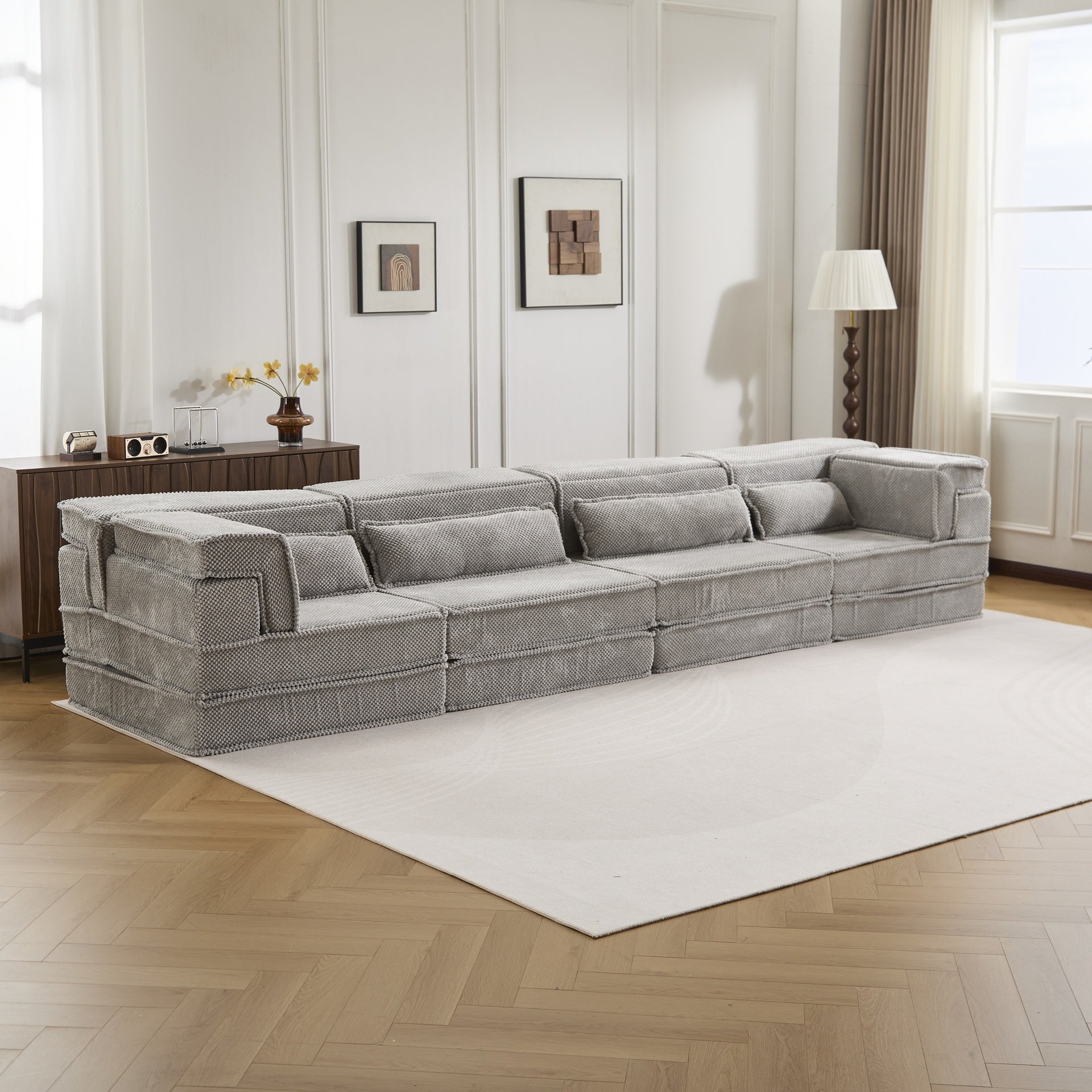 Compression Mahjong Sofa,Convertible Floor Sofa Bed,DIY Boneless Modular Sectional Sofa,No Assembly Required,Circle fleece fabric,Oversized 4 Seater with 4 Pillows,Light-grey