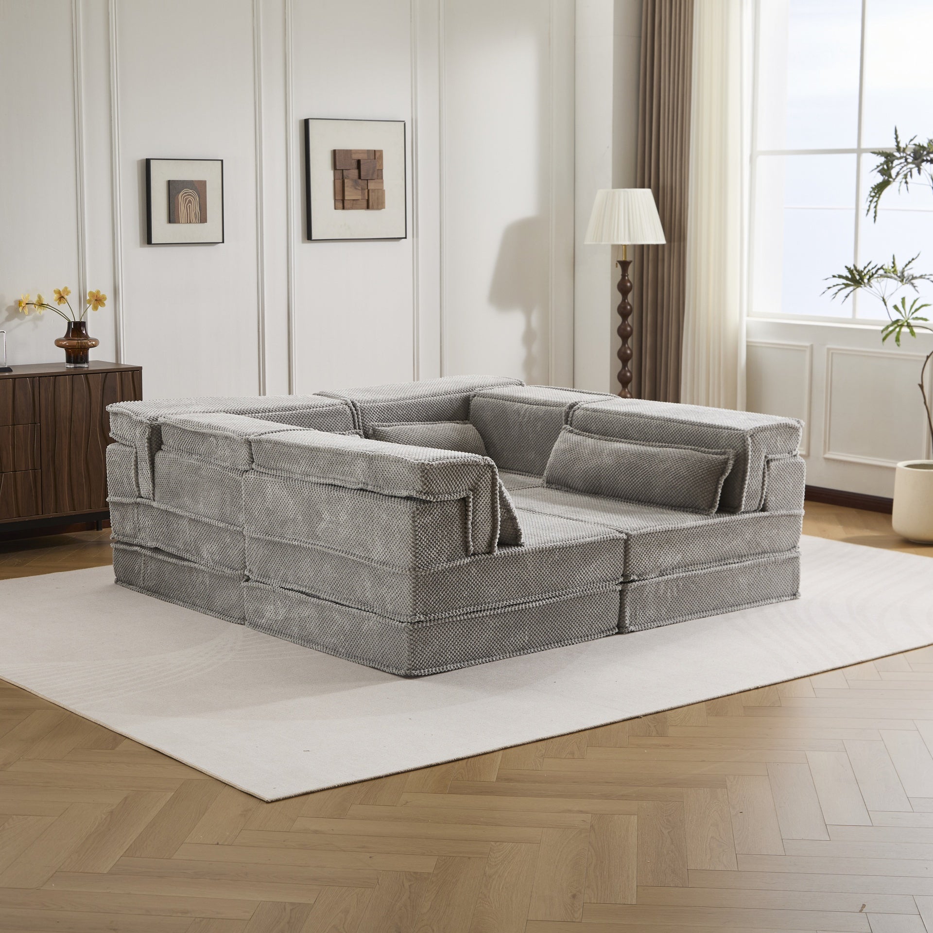 Compression Mahjong Sofa,Convertible Floor Sofa Bed,DIY Boneless Modular Sectional Sofa,No Assembly Required,Circle fleece fabric,Oversized 4 Seater with 4 Pillows,Light-grey
