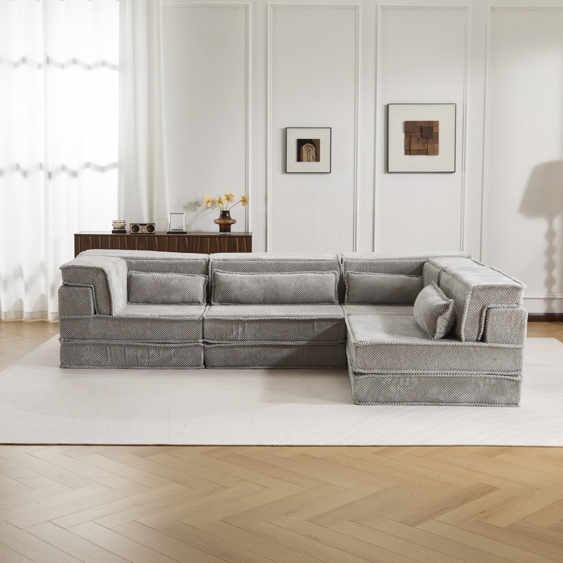 Compression Mahjong Sofa,Convertible Floor Sofa Bed,DIY Boneless Modular Sectional Sofa,No Assembly Required,Circle fleece fabric,Oversized 4 Seater with 4 Pillows,Light-grey