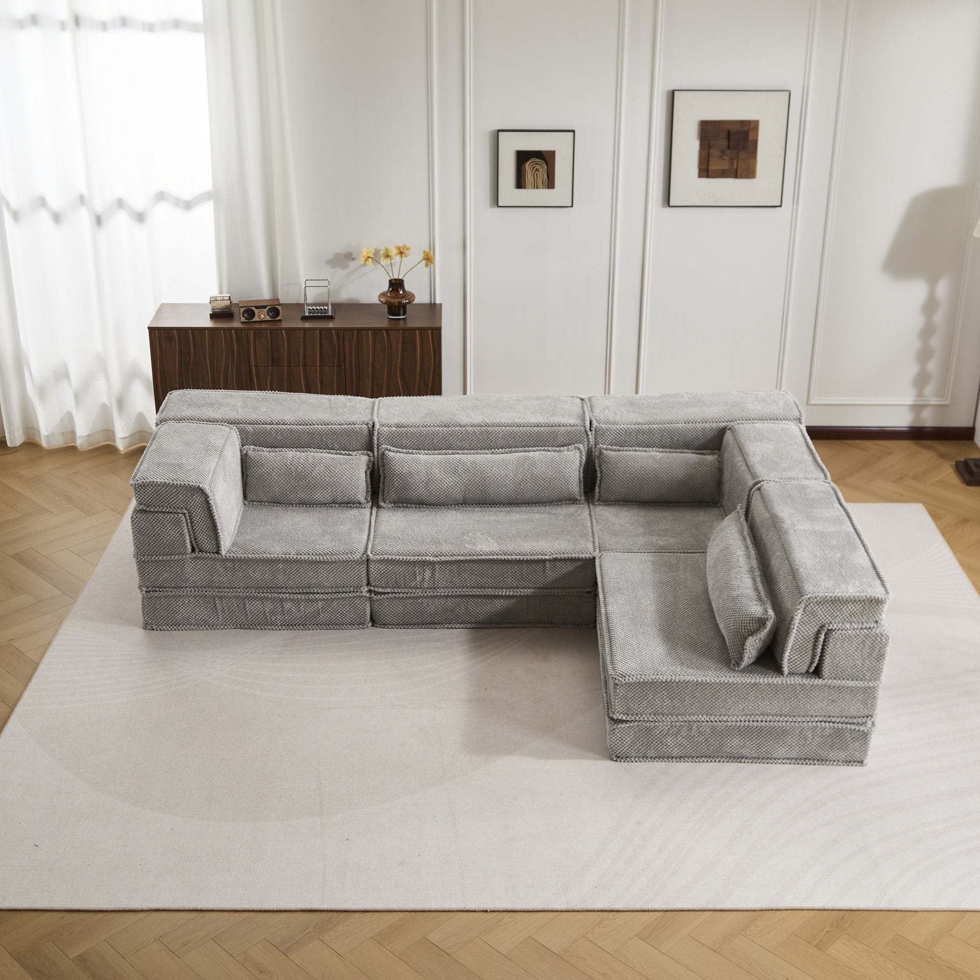 Compression Mahjong Sofa,Convertible Floor Sofa Bed,DIY Boneless Modular Sectional Sofa,No Assembly Required,Circle fleece fabric,Oversized 4 Seater with 4 Pillows,Light-grey