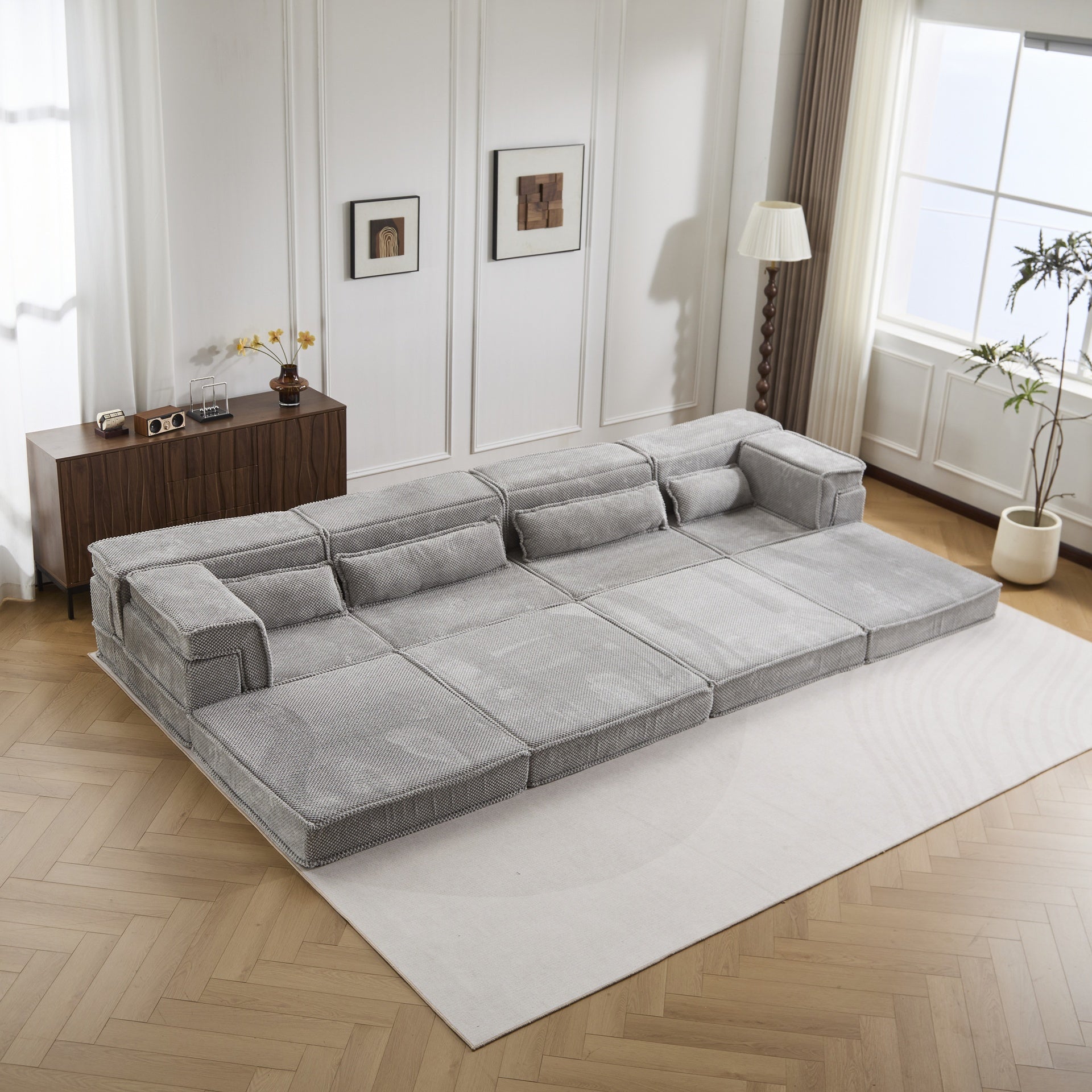 Compression Mahjong Sofa,Convertible Floor Sofa Bed,DIY Boneless Modular Sectional Sofa,No Assembly Required,Circle fleece fabric,Oversized 4 Seater with 4 Pillows,Light-grey