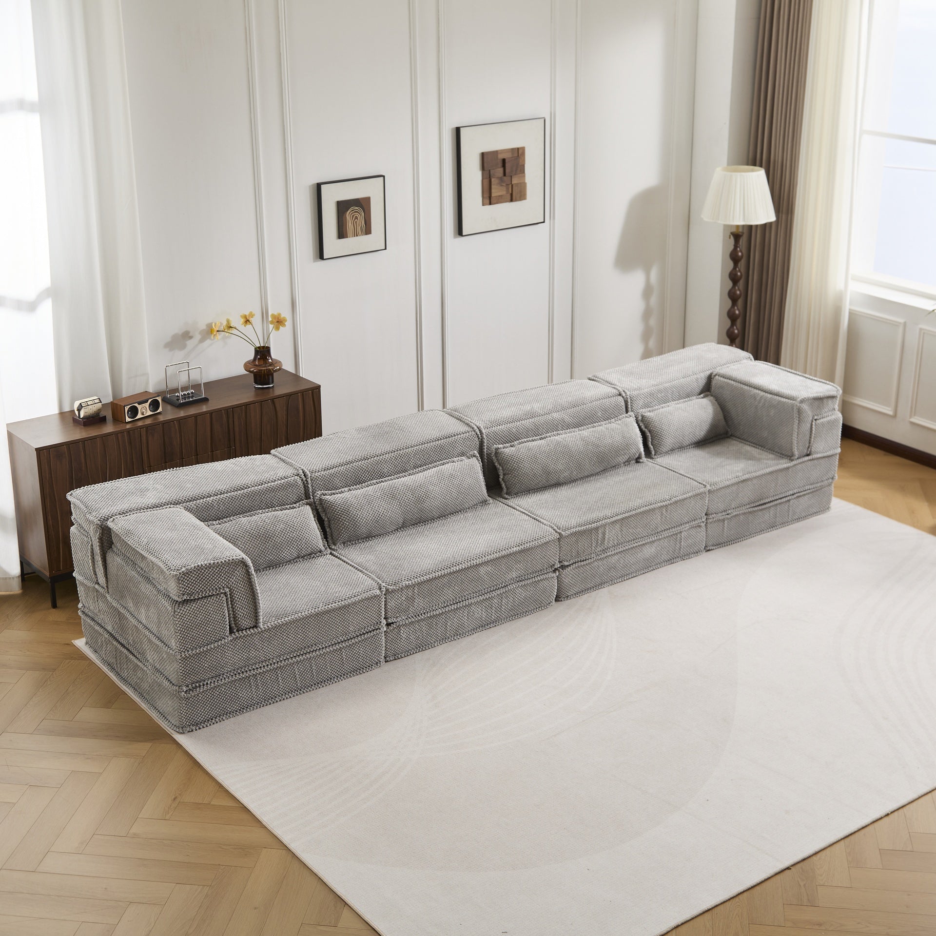Compression Mahjong Sofa,Convertible Floor Sofa Bed,DIY Boneless Modular Sectional Sofa,No Assembly Required,Circle fleece fabric,Oversized 4 Seater with 4 Pillows,Light-grey