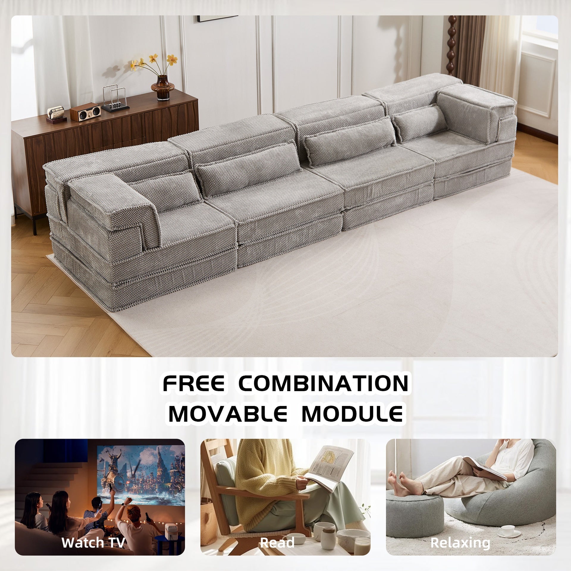 Compression Mahjong Sofa,Convertible Floor Sofa Bed,DIY Boneless Modular Sectional Sofa,No Assembly Required,Circle fleece fabric,Oversized 4 Seater with 4 Pillows,Light-grey