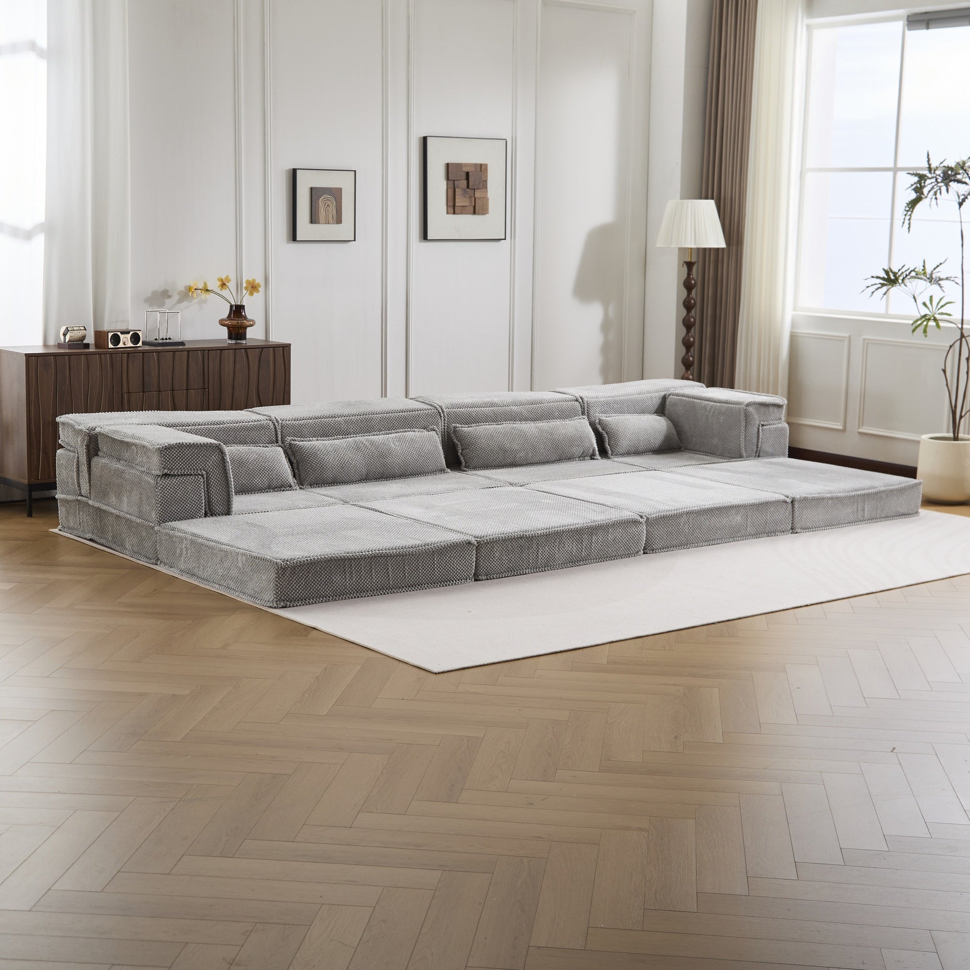 Compression Mahjong Sofa,Convertible Floor Sofa Bed,DIY Boneless Modular Sectional Sofa,No Assembly Required,Circle fleece fabric,Oversized 4 Seater with 4 Pillows,Light-grey