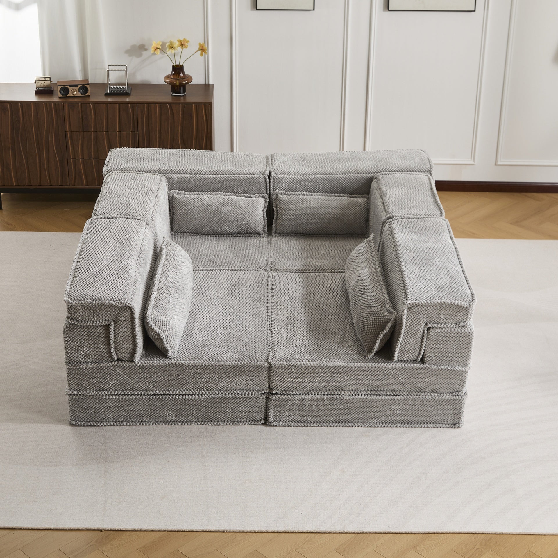 Compression Mahjong Sofa,Convertible Floor Sofa Bed,DIY Boneless Modular Sectional Sofa,No Assembly Required,Circle fleece fabric,Oversized 4 Seater with 4 Pillows,Light-grey