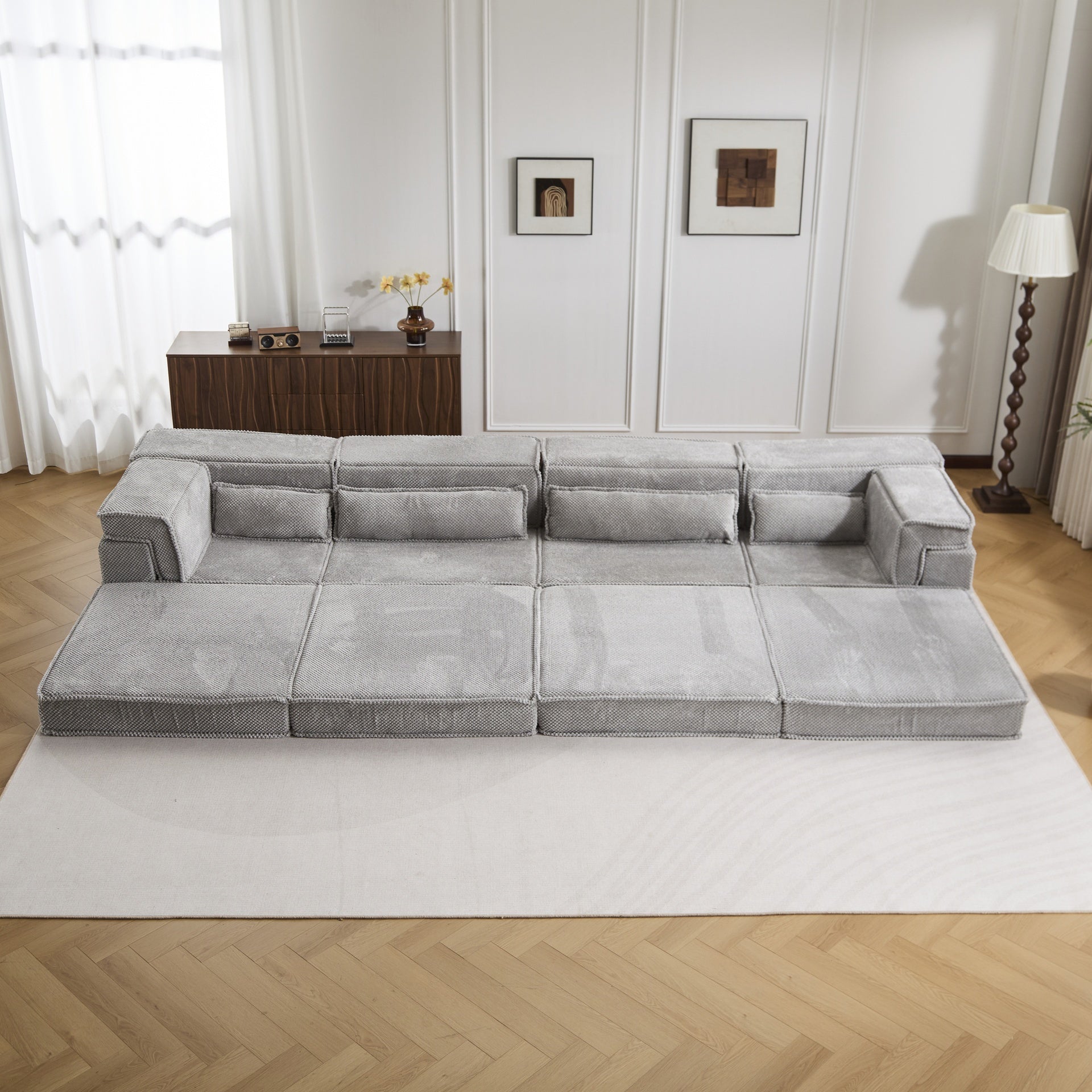 Compression Mahjong Sofa,Convertible Floor Sofa Bed,DIY Boneless Modular Sectional Sofa,No Assembly Required,Circle fleece fabric,Oversized 4 Seater with 4 Pillows,Light-grey