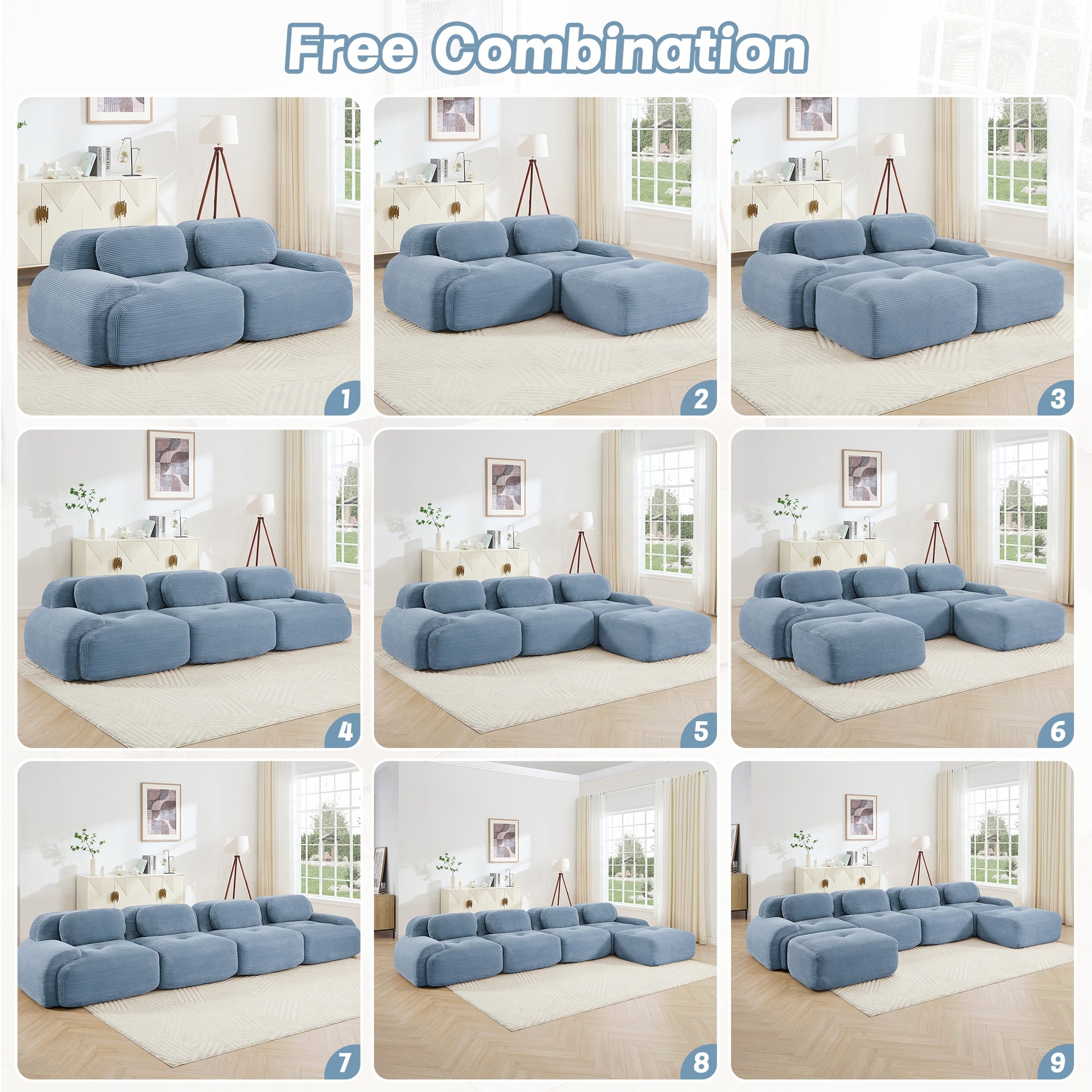 L-shaped modular sofa no assembly ergonomic design pet-friendly luxuryCorduroy Fabric fabric extra-wide curved armrests 32D high-resilience sponge for living rooms bedroom,Blue