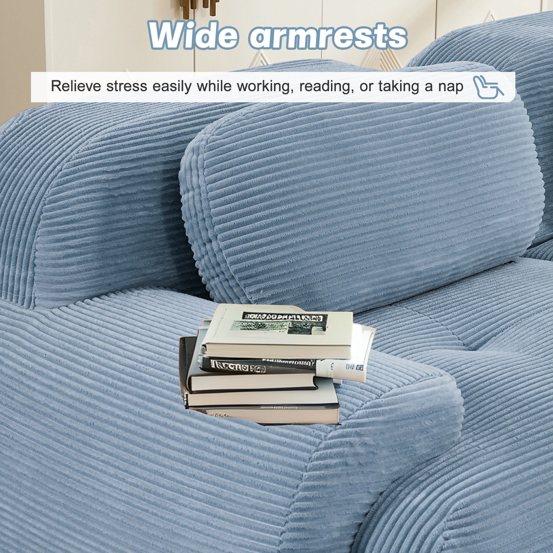 L-shaped modular sofa no assembly ergonomic design pet-friendly luxuryCorduroy Fabric fabric extra-wide curved armrests 32D high-resilience sponge for living rooms bedroom,Blue