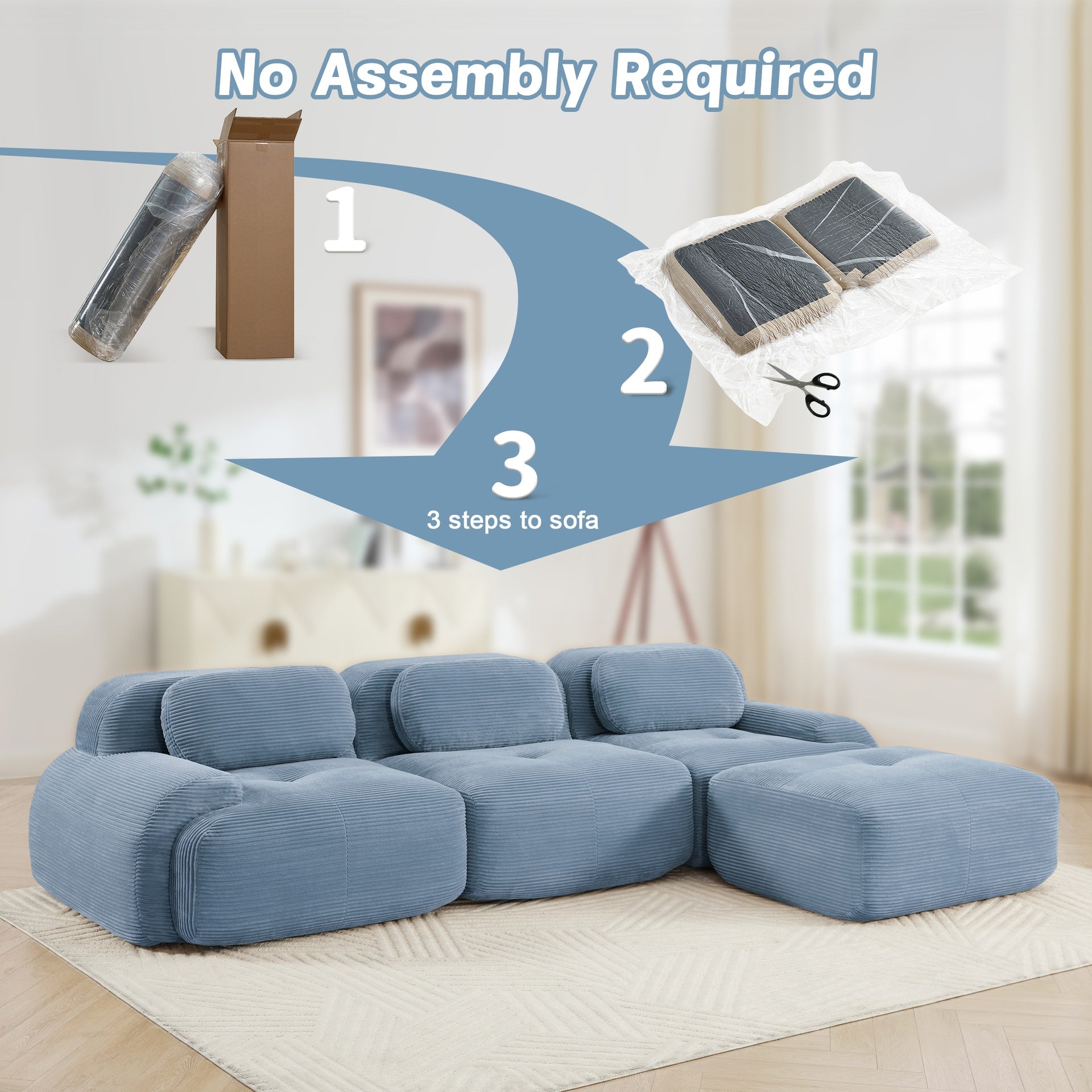 L-shaped modular sofa no assembly ergonomic design pet-friendly luxuryCorduroy Fabric fabric extra-wide curved armrests 32D high-resilience sponge for living rooms bedroom,Blue