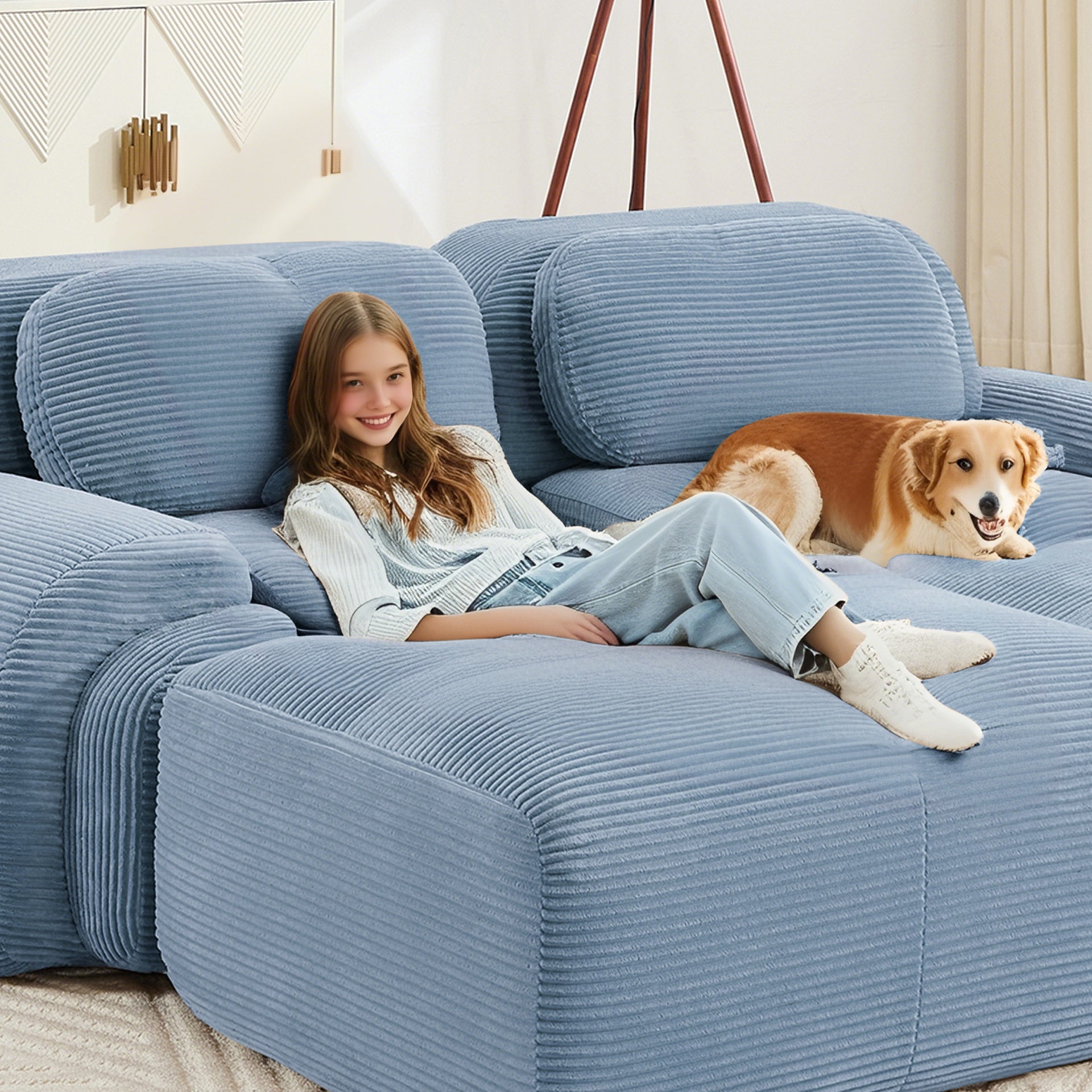 L-shaped modular sofa no assembly ergonomic design pet-friendly luxuryCorduroy Fabric fabric extra-wide curved armrests 32D high-resilience sponge for living rooms bedroom,Blue