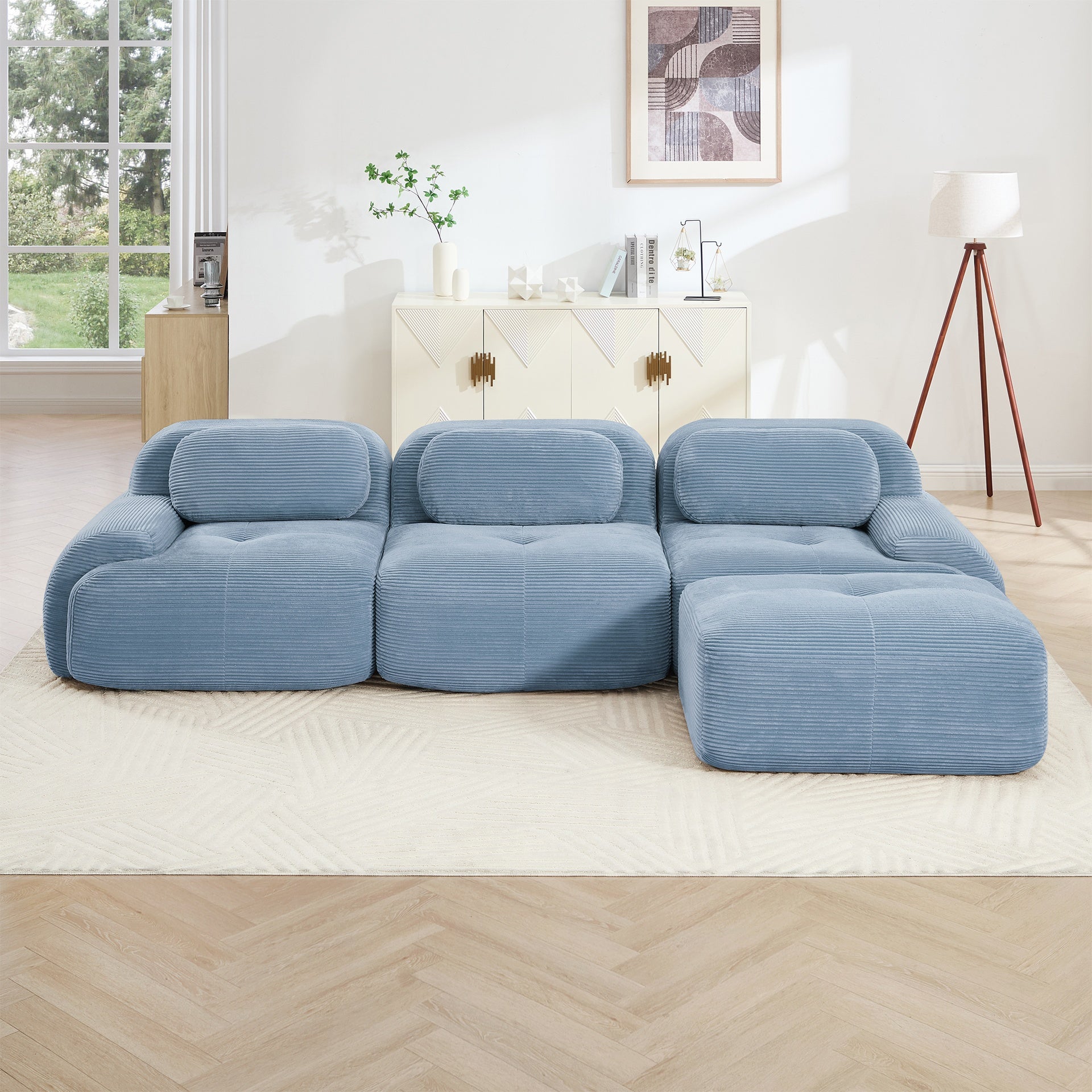 L-shaped modular sofa no assembly ergonomic design pet-friendly luxuryCorduroy Fabric fabric extra-wide curved armrests 32D high-resilience sponge for living rooms bedroom,Blue
