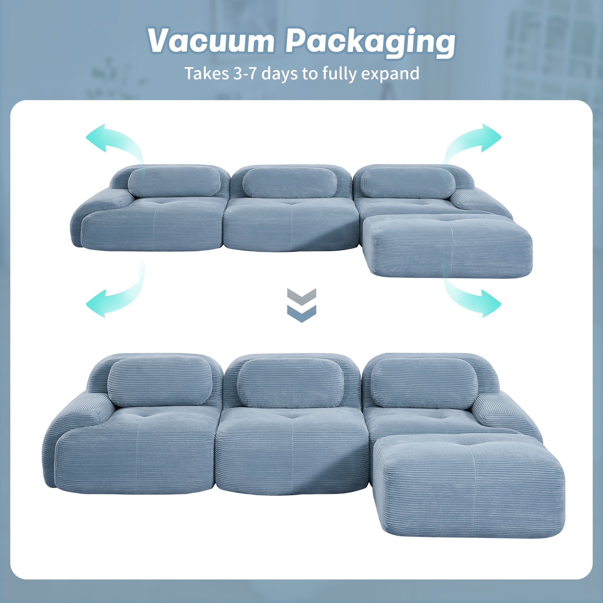 L-shaped modular sofa no assembly ergonomic design pet-friendly luxuryCorduroy Fabric fabric extra-wide curved armrests 32D high-resilience sponge for living rooms bedroom,Blue