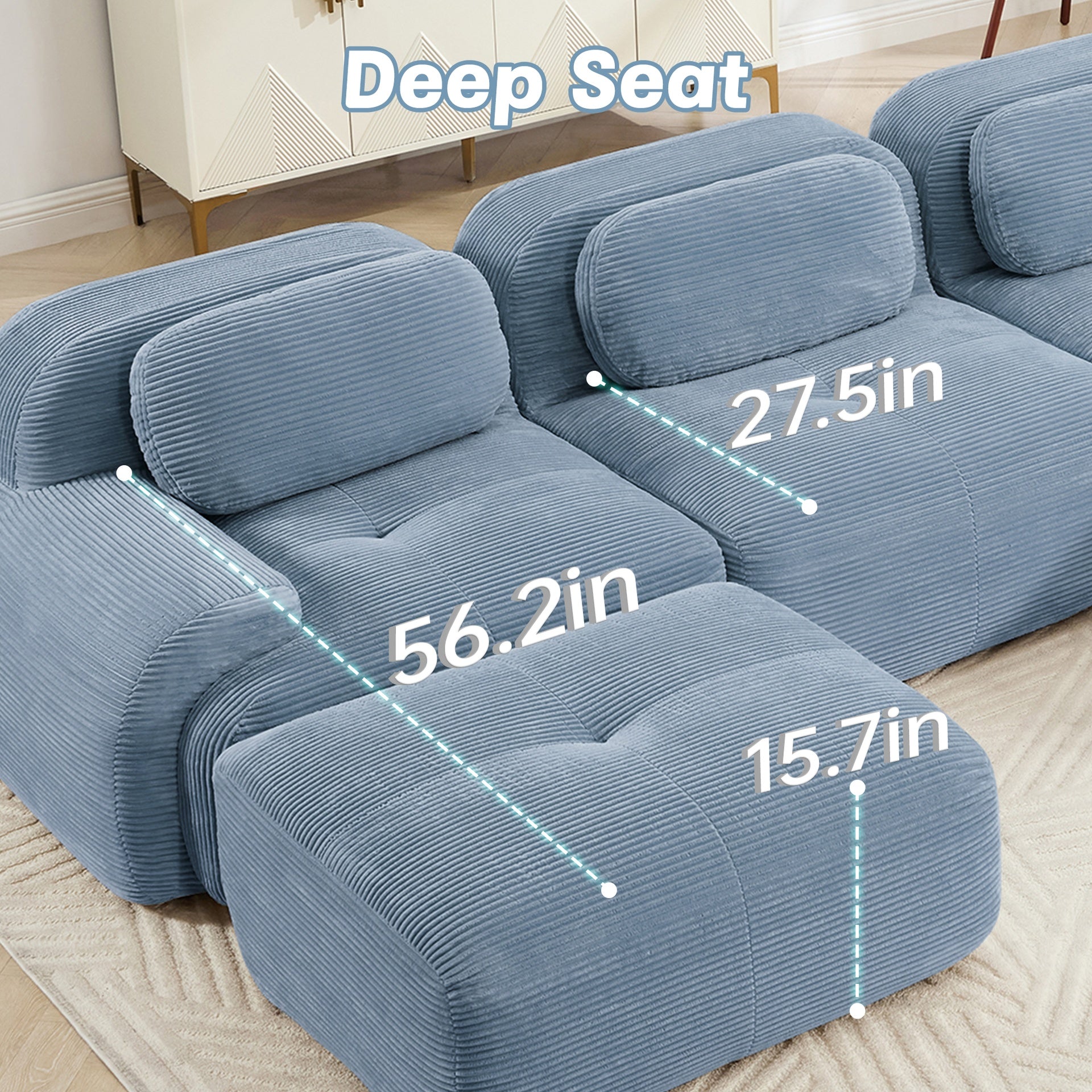 L-shaped modular sofa no assembly ergonomic design pet-friendly luxuryCorduroy Fabric fabric extra-wide curved armrests 32D high-resilience sponge for living rooms bedroom,Blue