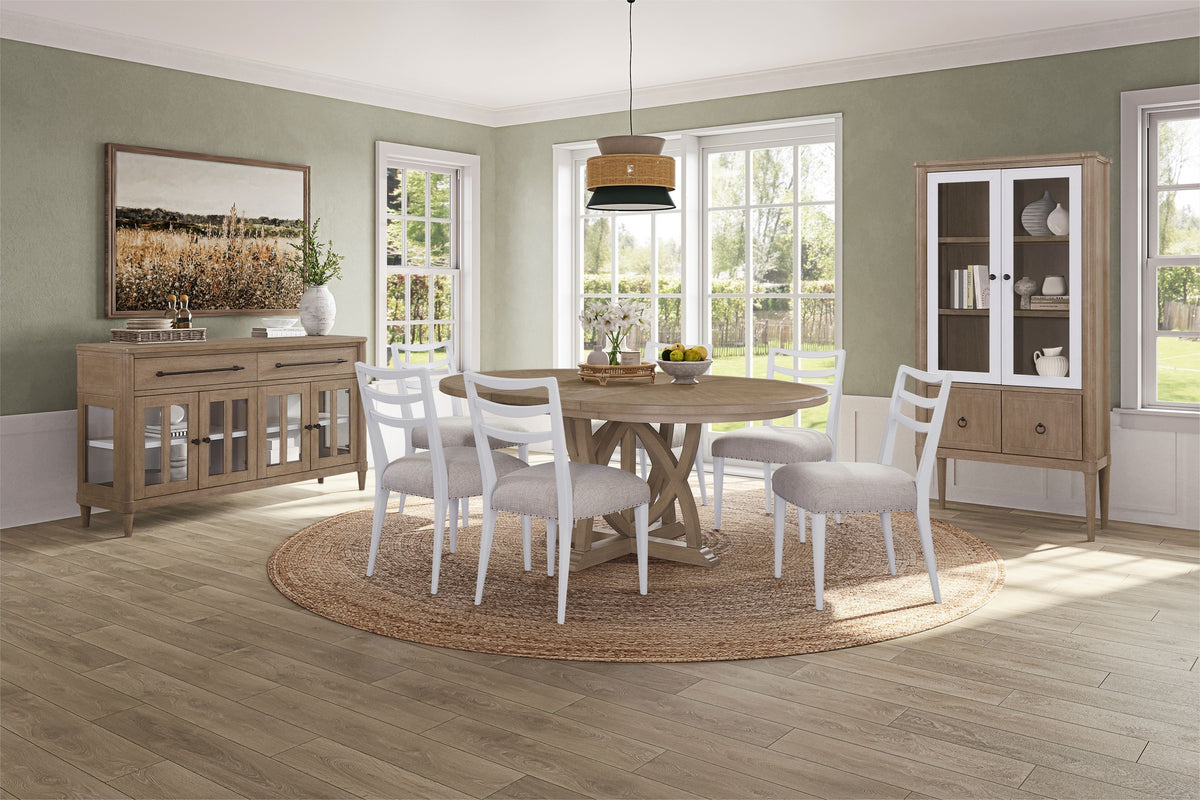 Round Expandable Table 4 Ladderback white Chairs Glass Front Server and Display Cabinet