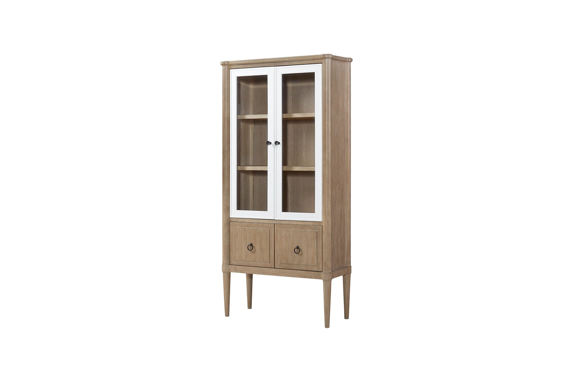 Round Expandable Table 4 Ladderback white Chairs Glass Front Server and Display Cabinet