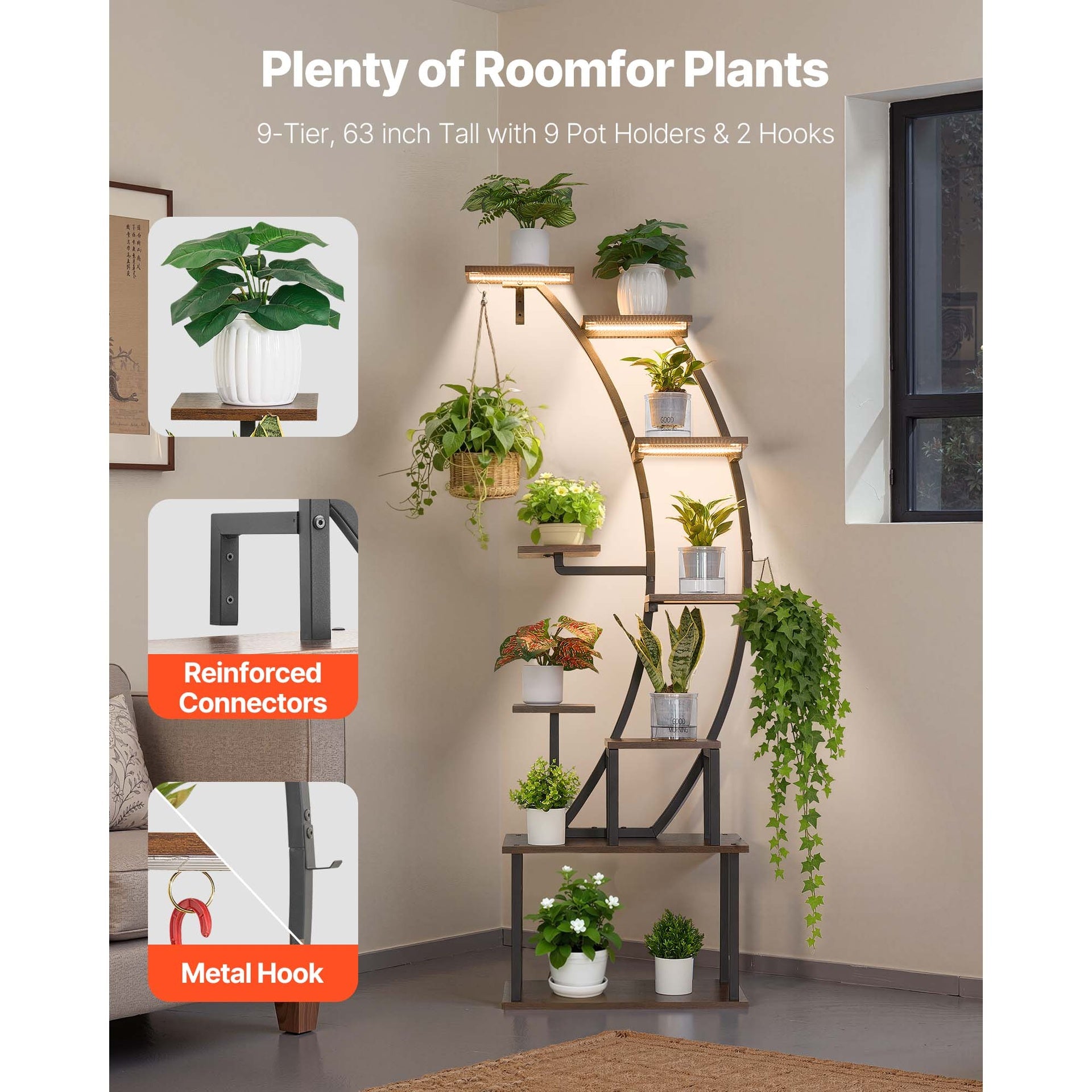 Plant Stand Indoor with Grow Lights, 63 in Tall 9-Tier Lighted Plant Shelf, Metal Corner Plants Holder, 3 Timer & 10 Brightness, Curve-Shaped Flower Display Rack for Living Room Balcony Decor