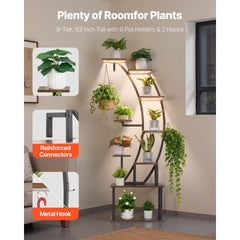 Plant Stand Indoor with Grow Lights, 63 in Tall 9-Tier Lighted Plant Shelf, Metal Corner Plants Holder, 3 Timer & 10 Brightness, Curve-Shaped Flower Display Rack for Living Room Balcony Decor