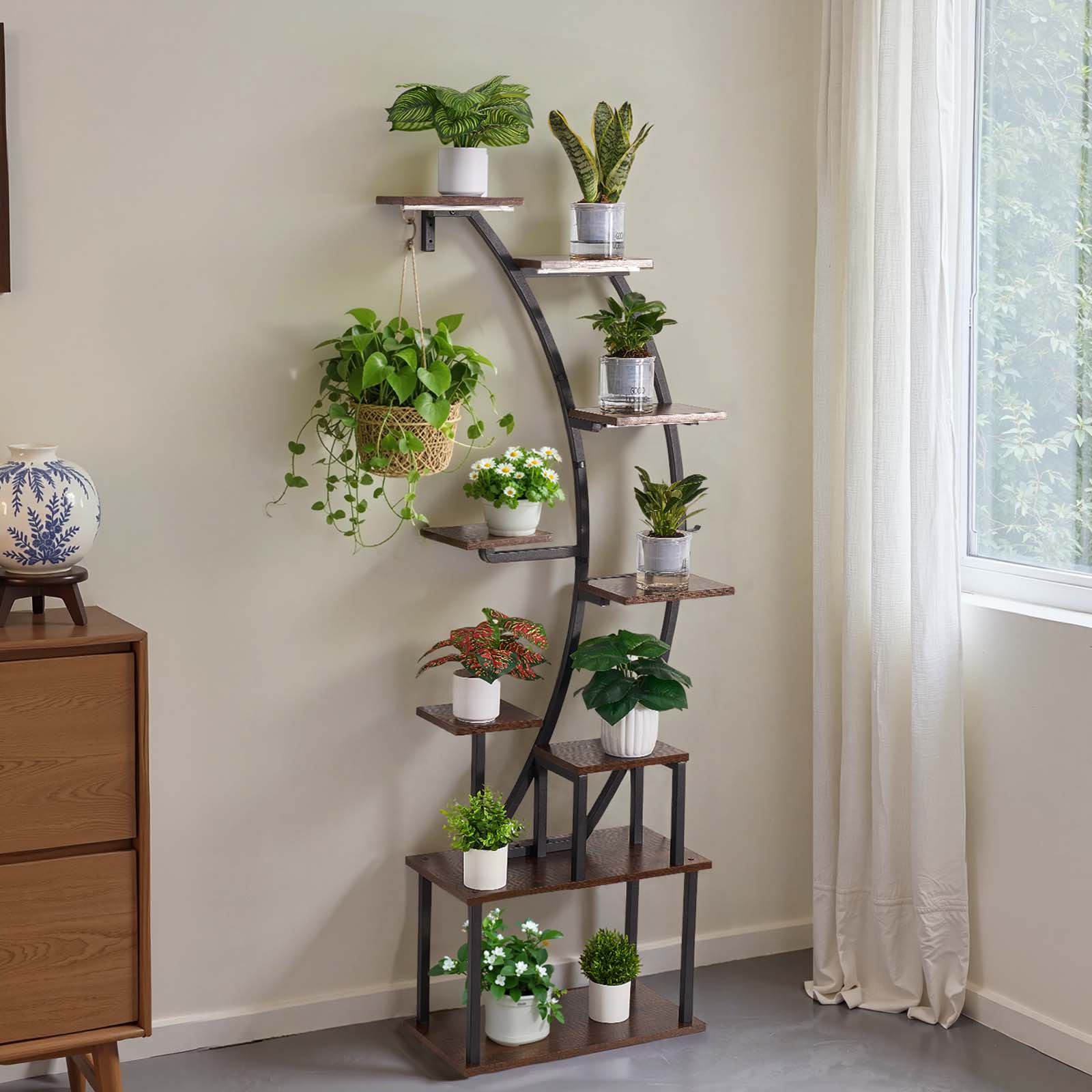 Plant Stand Indoor with Grow Lights, 63 in Tall 9-Tier Lighted Plant Shelf, Metal Corner Plants Holder, 3 Timer & 10 Brightness, Curve-Shaped Flower Display Rack for Living Room Balcony Decor