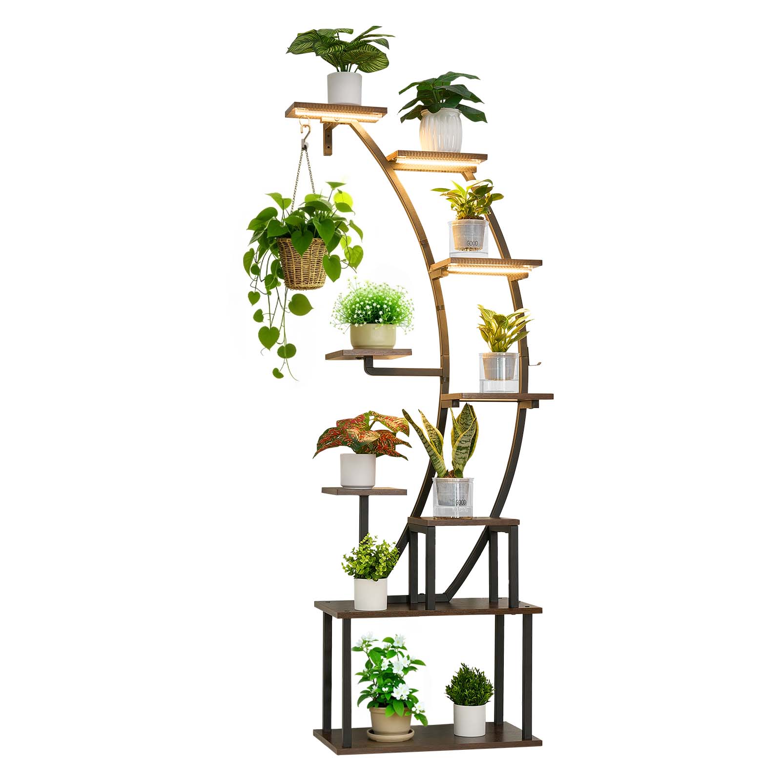 Plant Stand Indoor with Grow Lights, 63 in Tall 9-Tier Lighted Plant Shelf, Metal Corner Plants Holder, 3 Timer & 10 Brightness, Curve-Shaped Flower Display Rack for Living Room Balcony Decor