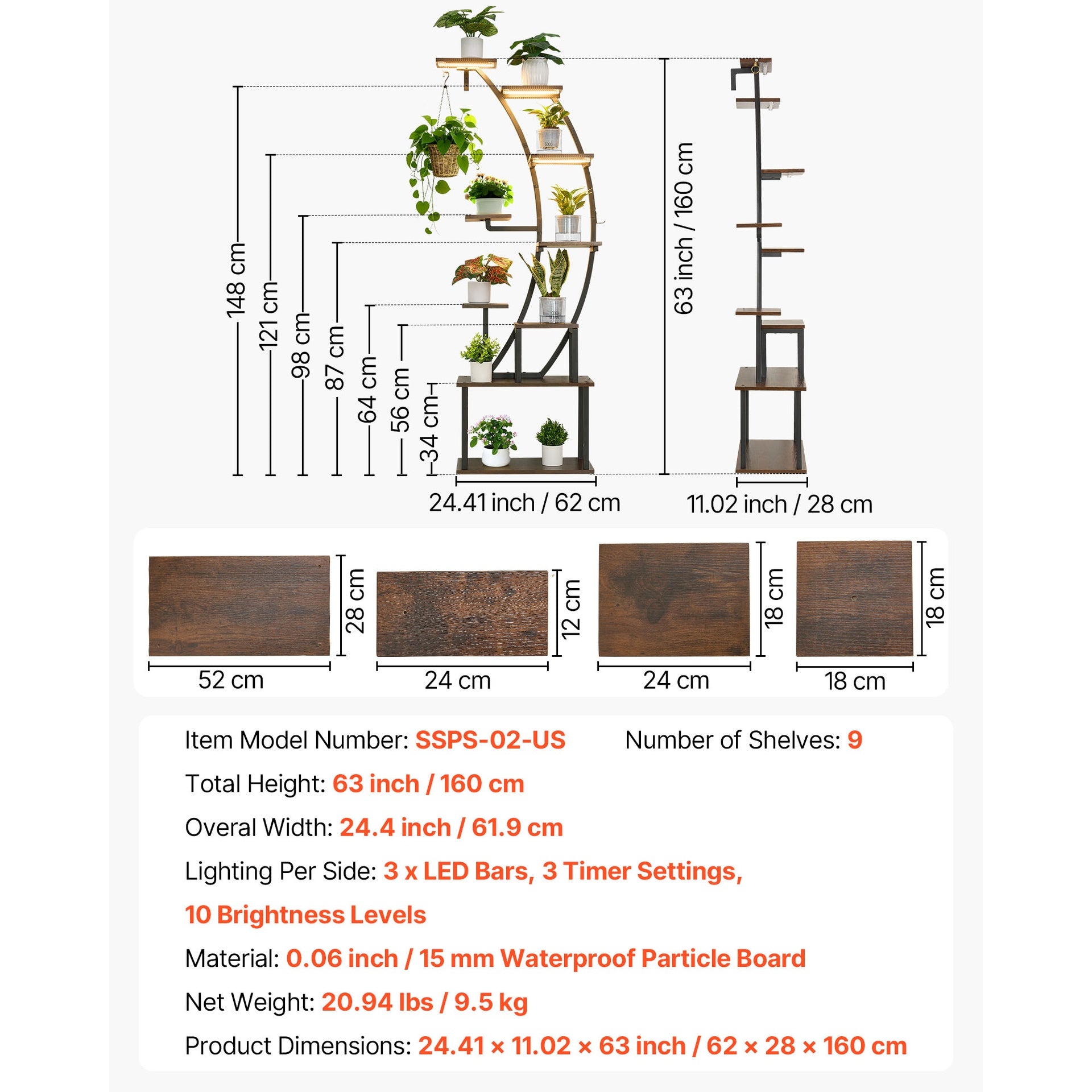 Plant Stand Indoor with Grow Lights, 63 in Tall 9-Tier Lighted Plant Shelf, Metal Corner Plants Holder, 3 Timer & 10 Brightness, Curve-Shaped Flower Display Rack for Living Room Balcony Decor