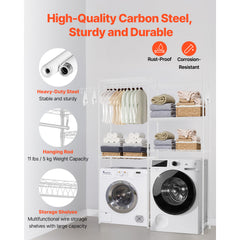 Over The Washer and Dryer Storage Shelf, 5 Tier Laundry Room Drying Rack with Hanger Rod and Hooks, Adjustable Over Washer and Dryer Shelves, Laundry Room Shelf Storage Space Saver, White