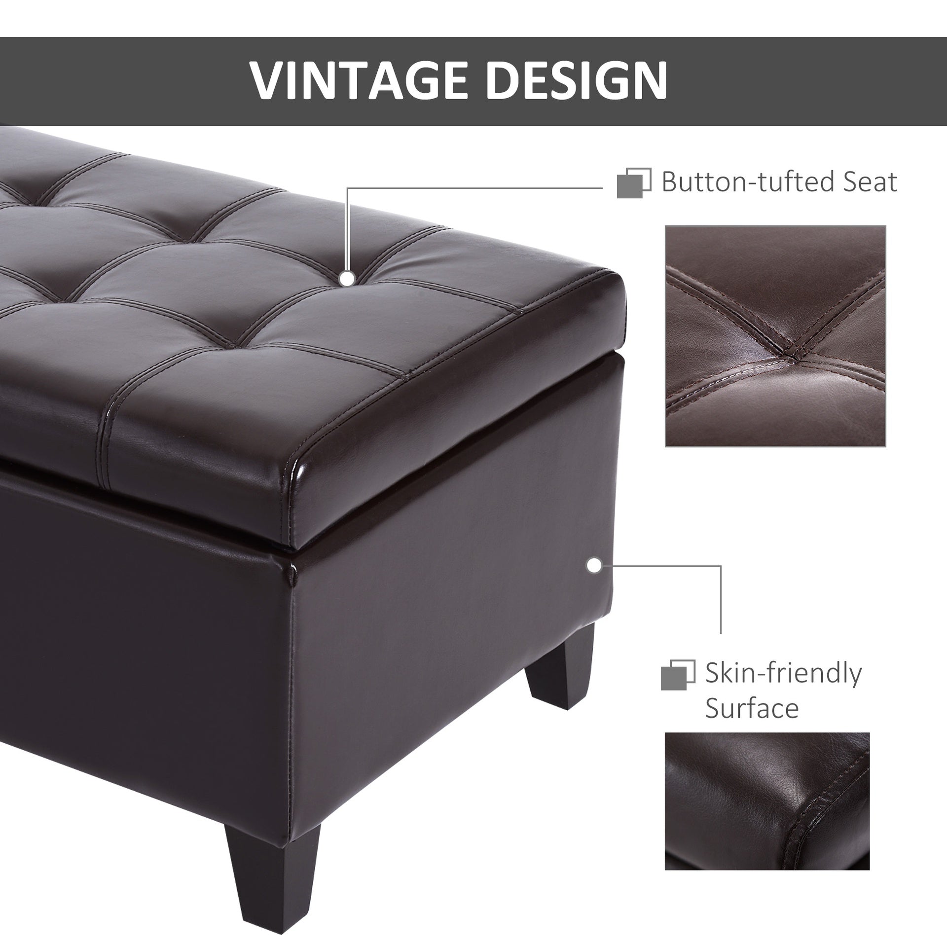 HOMCOM 51" Ottoman Storage Bench, Faux Leather Storage Chest with Lift Top, Tufted Ottoman with Storage for Living Room, Entryway, Dark Brown