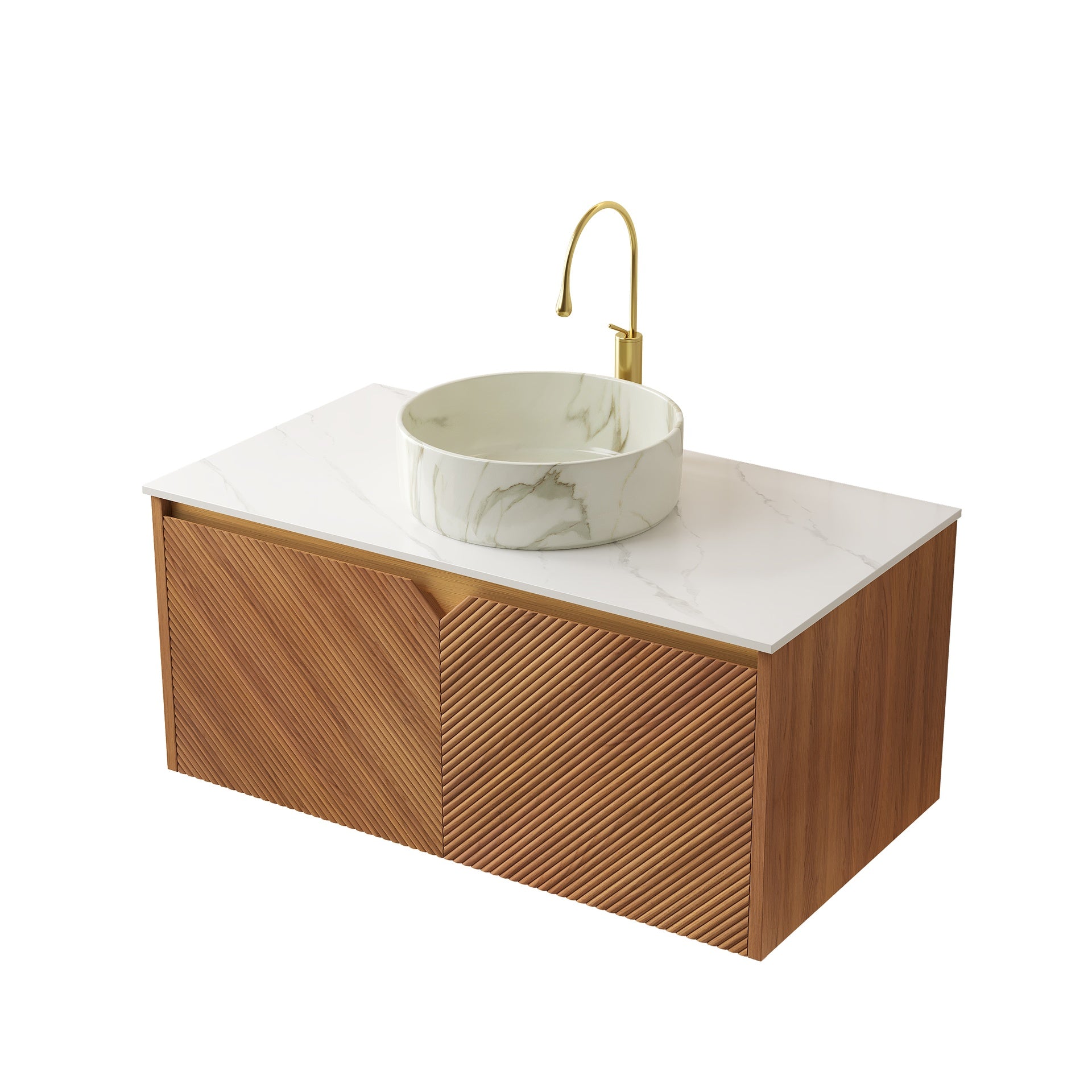 RUBEN 36" Bathroom Vanity&Sink, Floating Plywood Storage Cabinet, Twill Double Doors with Metal Trim, Matte Stone Pattern White Round Ceramic Basin&Sintered Stone Top, Brown Oak Woodgrain (New SKU)
