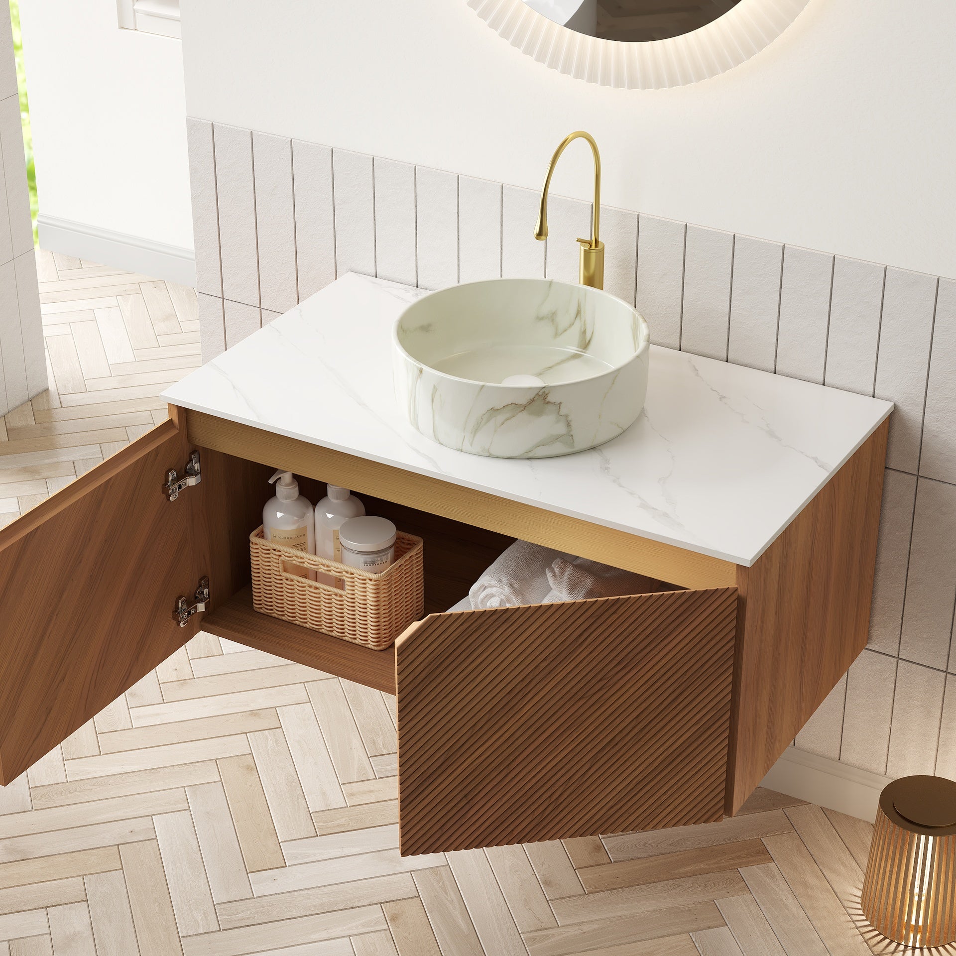 RUBEN 36" Bathroom Vanity&Sink, Floating Plywood Storage Cabinet, Twill Double Doors with Metal Trim, Matte Stone Pattern White Round Ceramic Basin&Sintered Stone Top, Brown Oak Woodgrain (New SKU)
