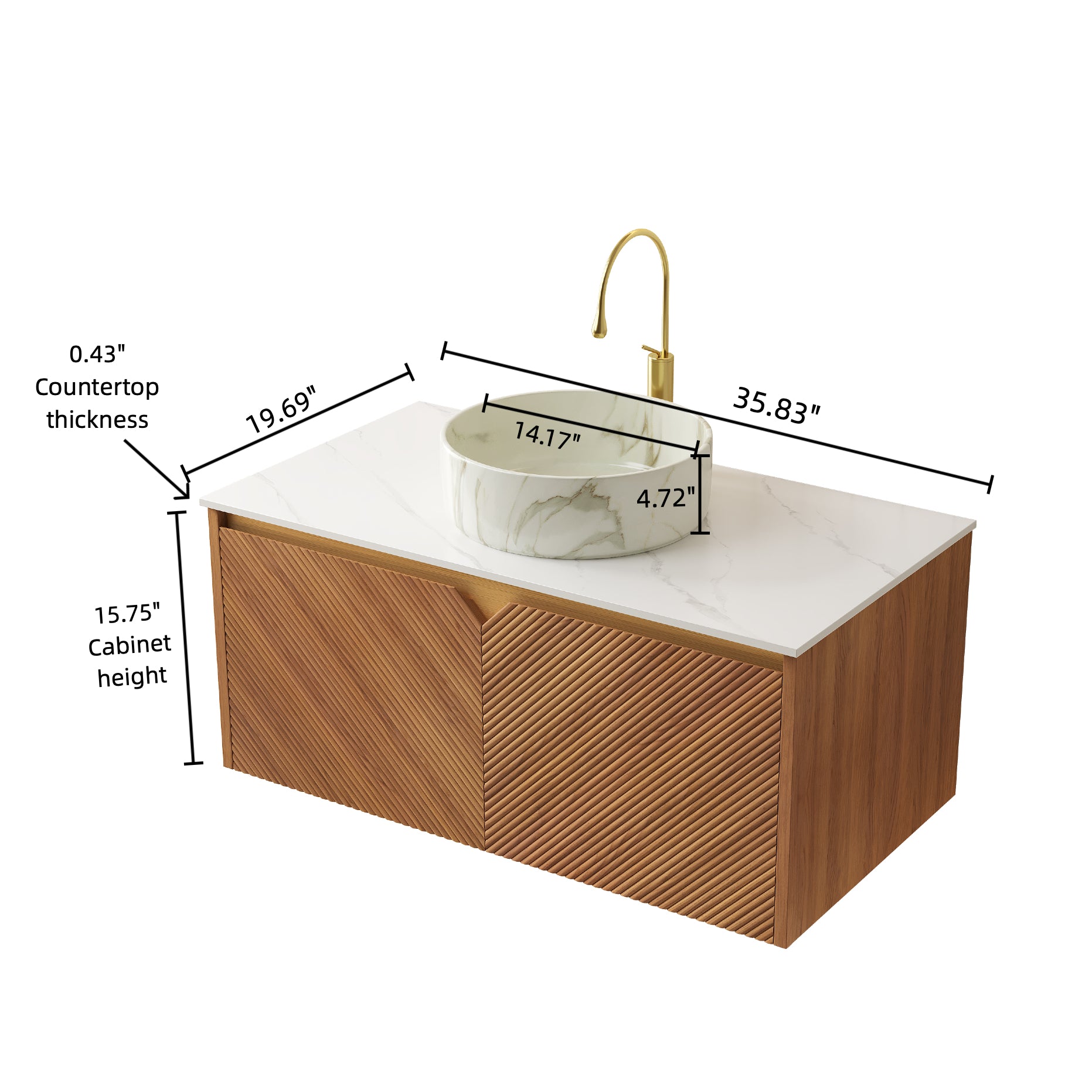 RUBEN 36" Bathroom Vanity&Sink, Floating Plywood Storage Cabinet, Twill Double Doors with Metal Trim, Matte Stone Pattern White Round Ceramic Basin&Sintered Stone Top, Brown Oak Woodgrain (New SKU)