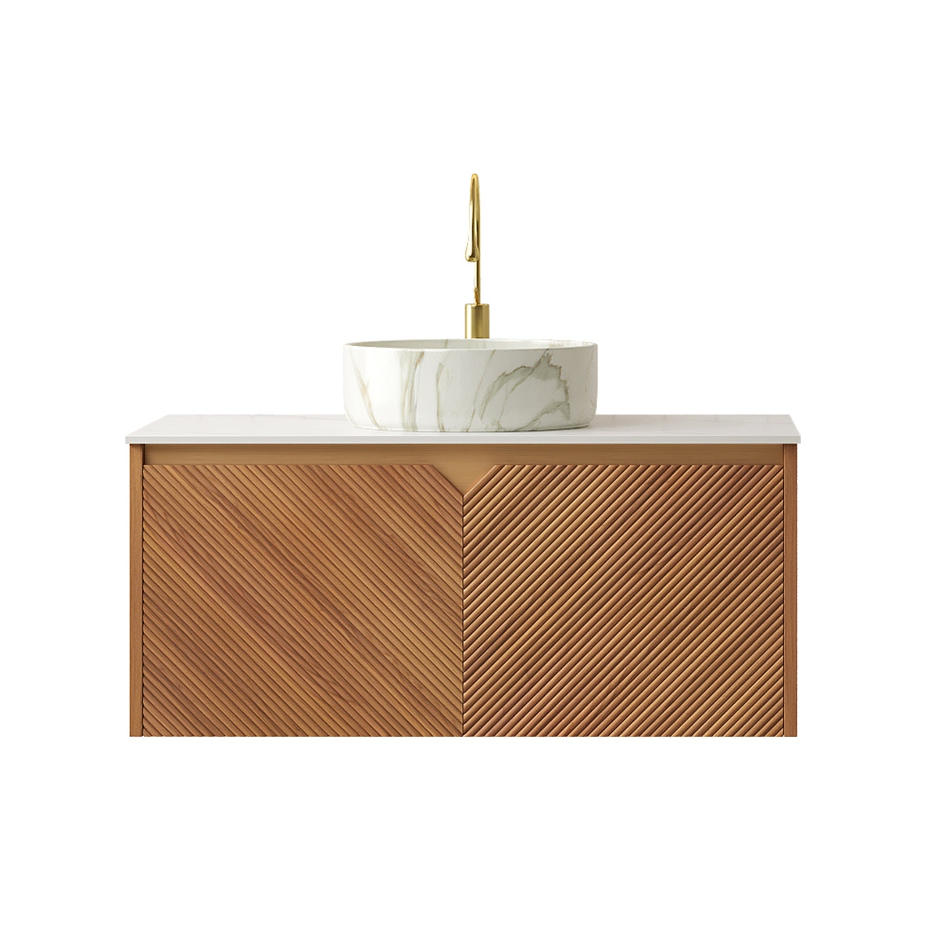 RUBEN 36" Bathroom Vanity&Sink, Floating Plywood Storage Cabinet, Twill Double Doors with Metal Trim, Matte Stone Pattern White Round Ceramic Basin&Sintered Stone Top, Brown Oak Woodgrain (New SKU)