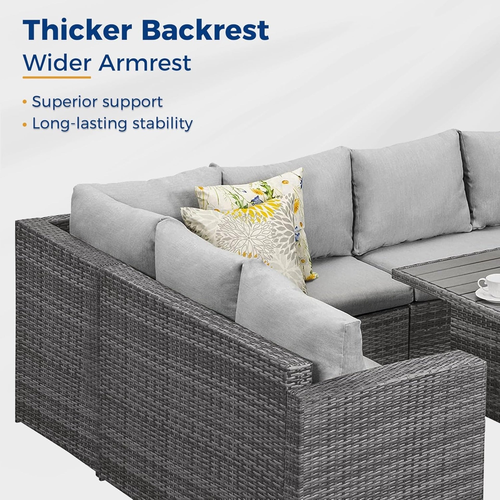 7 Piece  Wicker Patio Dining Set  9-Seat  Outdoor Sectional Gray Cushions Sofa with Ottomans & Dining Table Porch Backyard Garden
