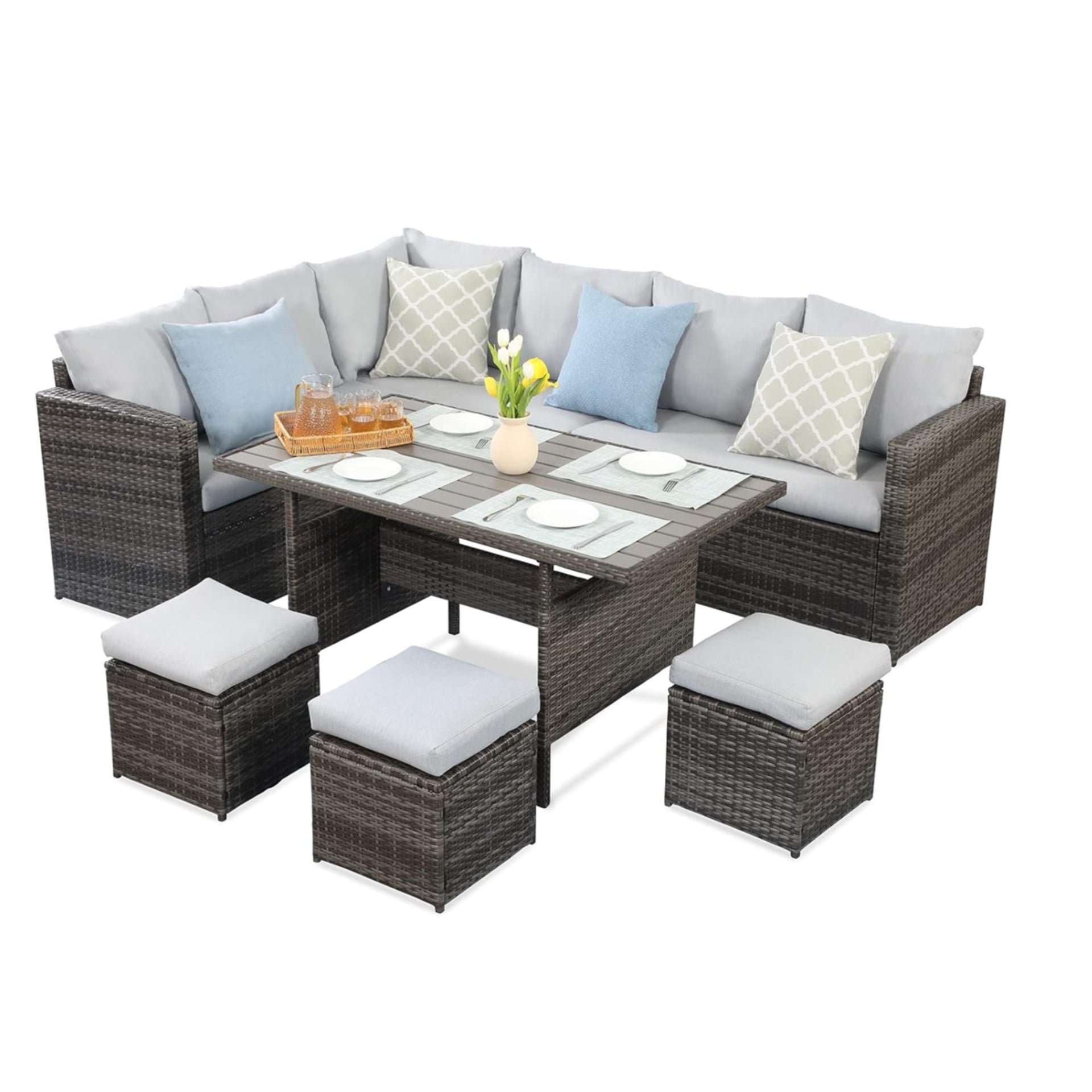 7 Piece  Wicker Patio Dining Set  9-Seat  Outdoor Sectional Gray Cushions Sofa with Ottomans & Dining Table Porch Backyard Garden